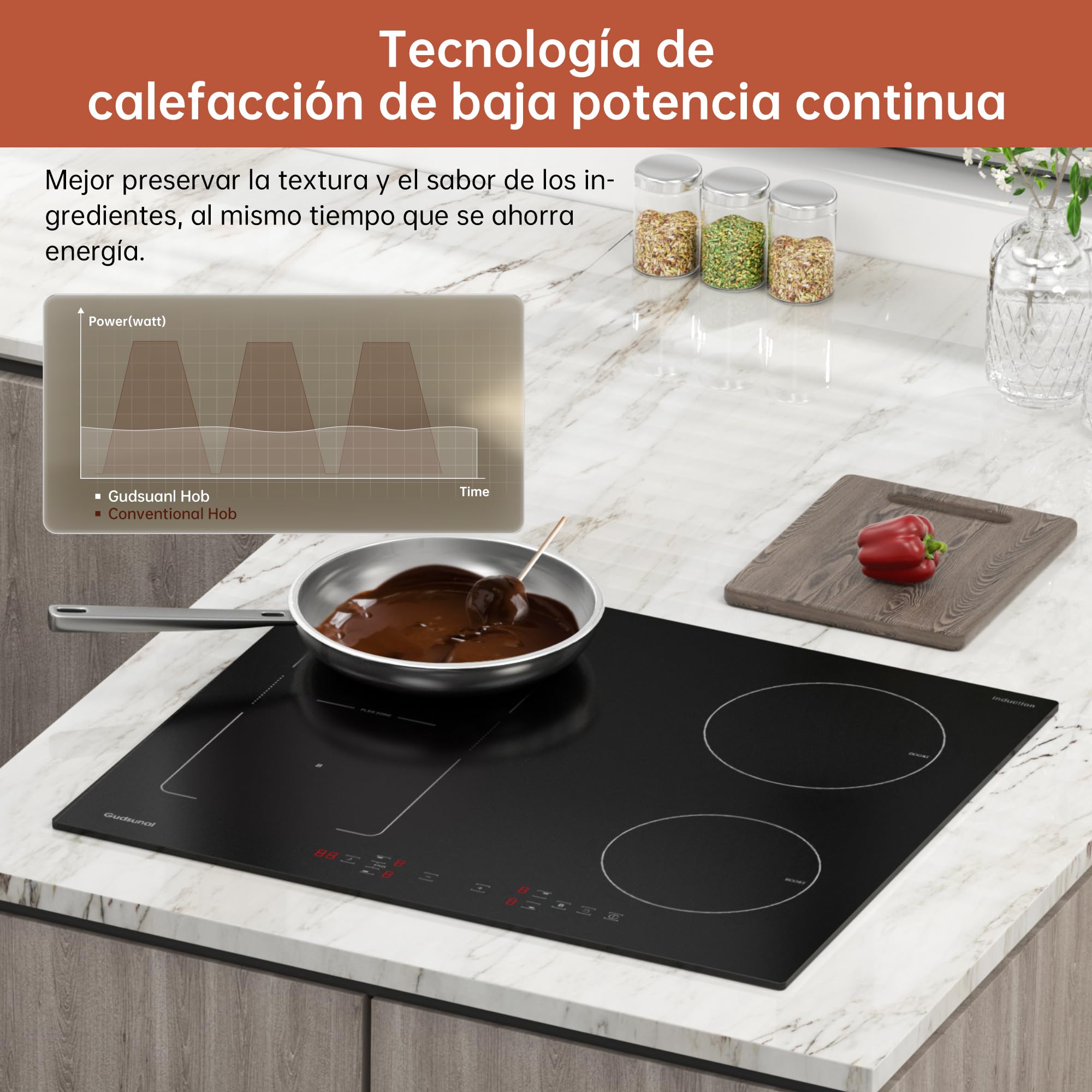 Placa de inducción con zonas flexibles, 60 cm, 7200 W, calentamiento continuo de baja potencia, 9 niveles de calor, temporizador, apagado automático