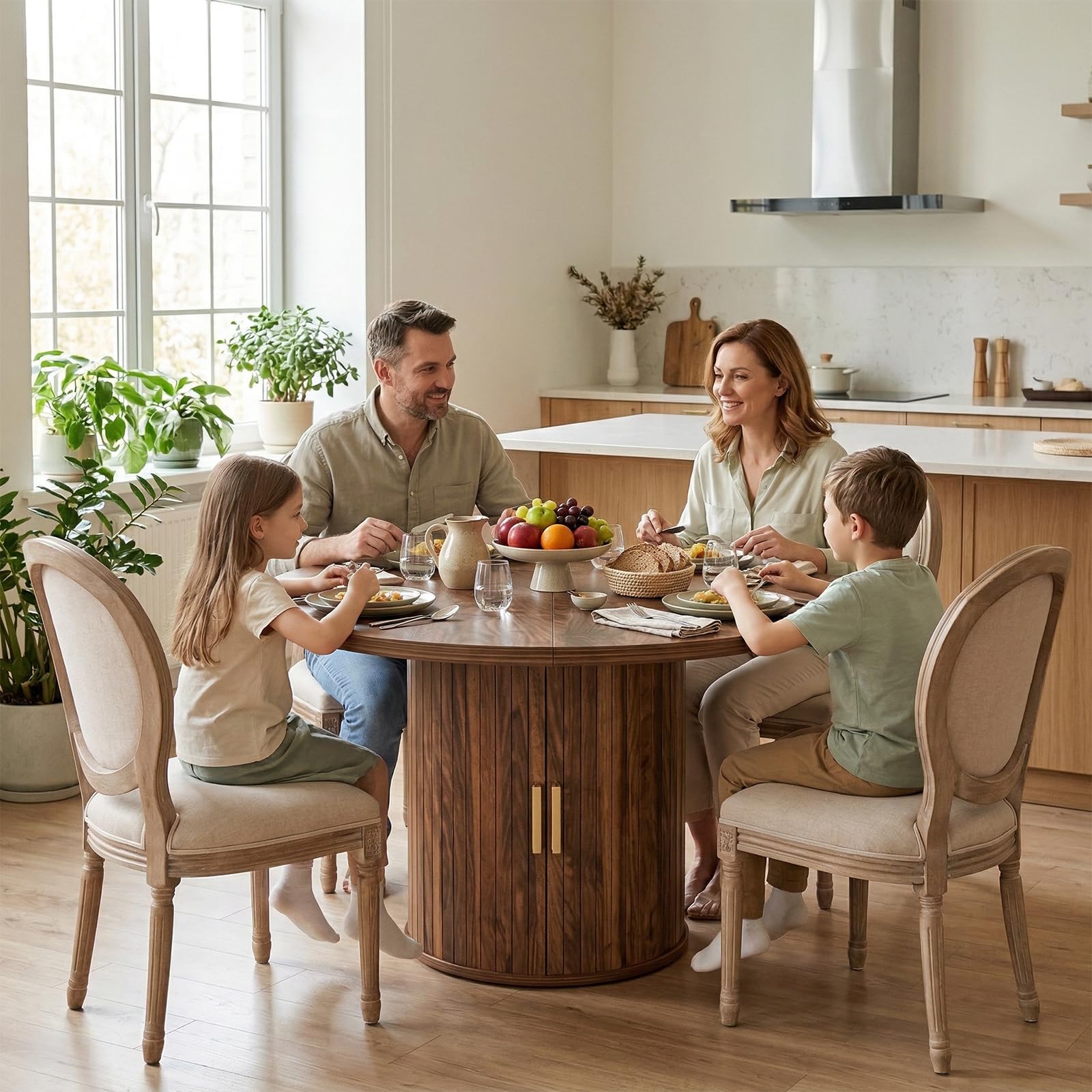 Runder Esstisch Ausziehbar,Holz Küchentisch für 4–6 Personen | Moderner Esszimmertisch mit zylindrischem Sockel,Walnussbraun (nur Tisch)