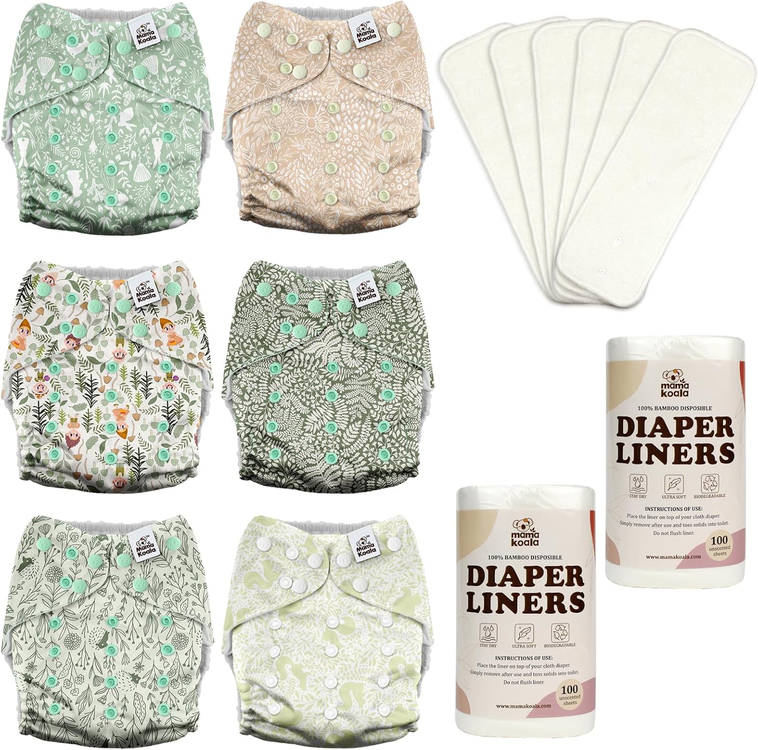 Mama Koala 3.0 Baby Cloth Diapers with 6 Inserts Bundle, with 2 Rolls Disposable Natural Liners