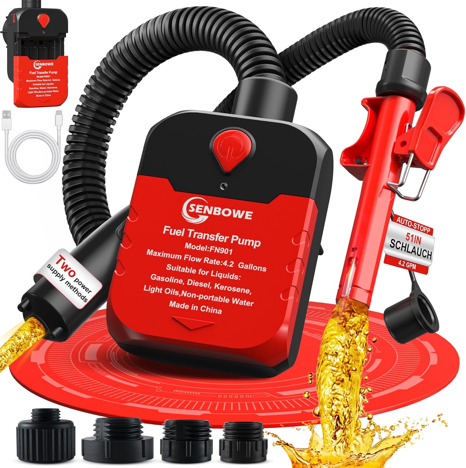 Automatic Fuel Transfer Pump with Auto-Stop,4.2 GPM per minute,Battery or USB Powered Electric Gas Pump,51'' Hose 4 Can Adapters Fast and Safe Portable Gas Can Pump for Oil, Diesel,Gasoline.