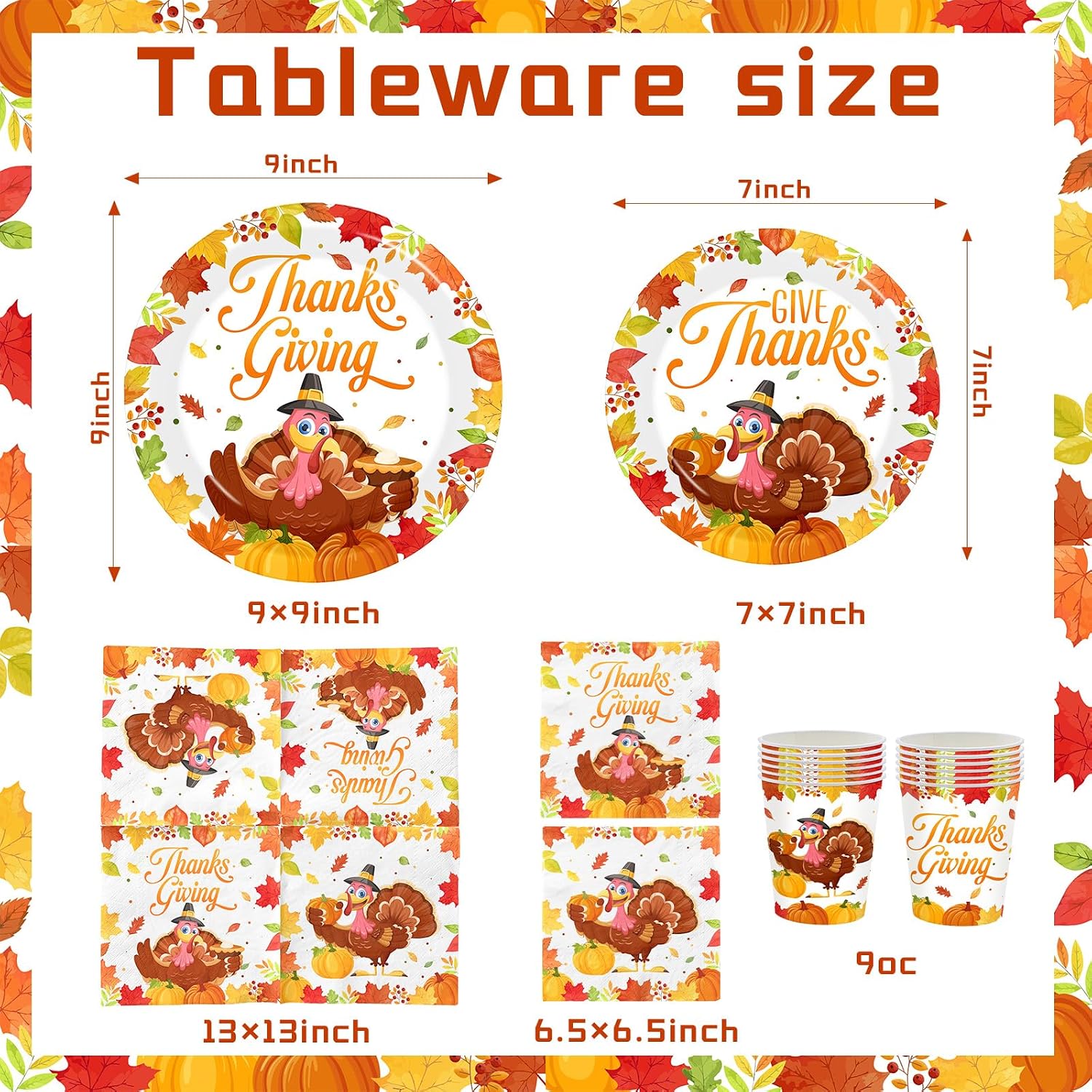 Thanksgiving Plates and Napkins,Give Thanks Tableware Turkey Plates and Napkins Cups for Thanks Giving Party Supplies,Serves 24