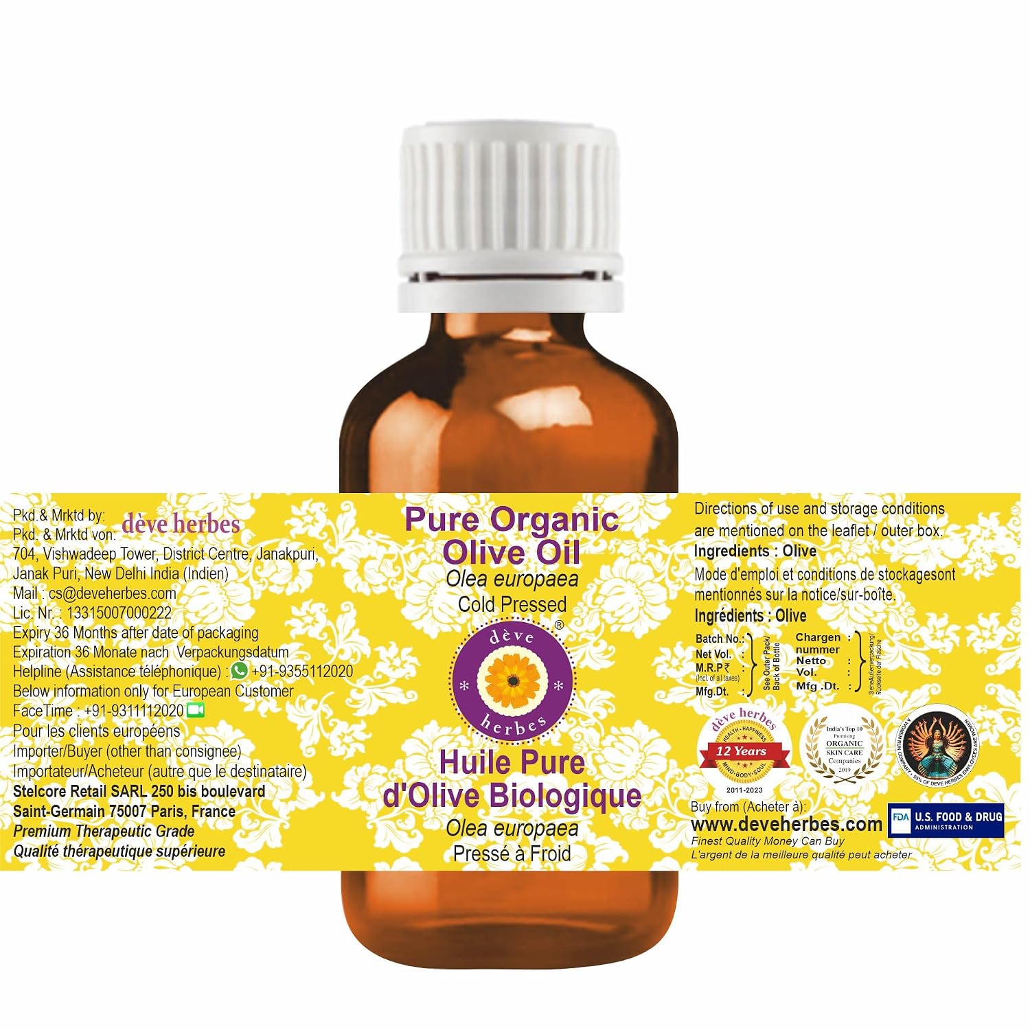 Deve Herbes Pure Organic Olive Oil (Olea europaea) Cold Pressed (Pack of Three)100ml X 3 (10 oz) image 2