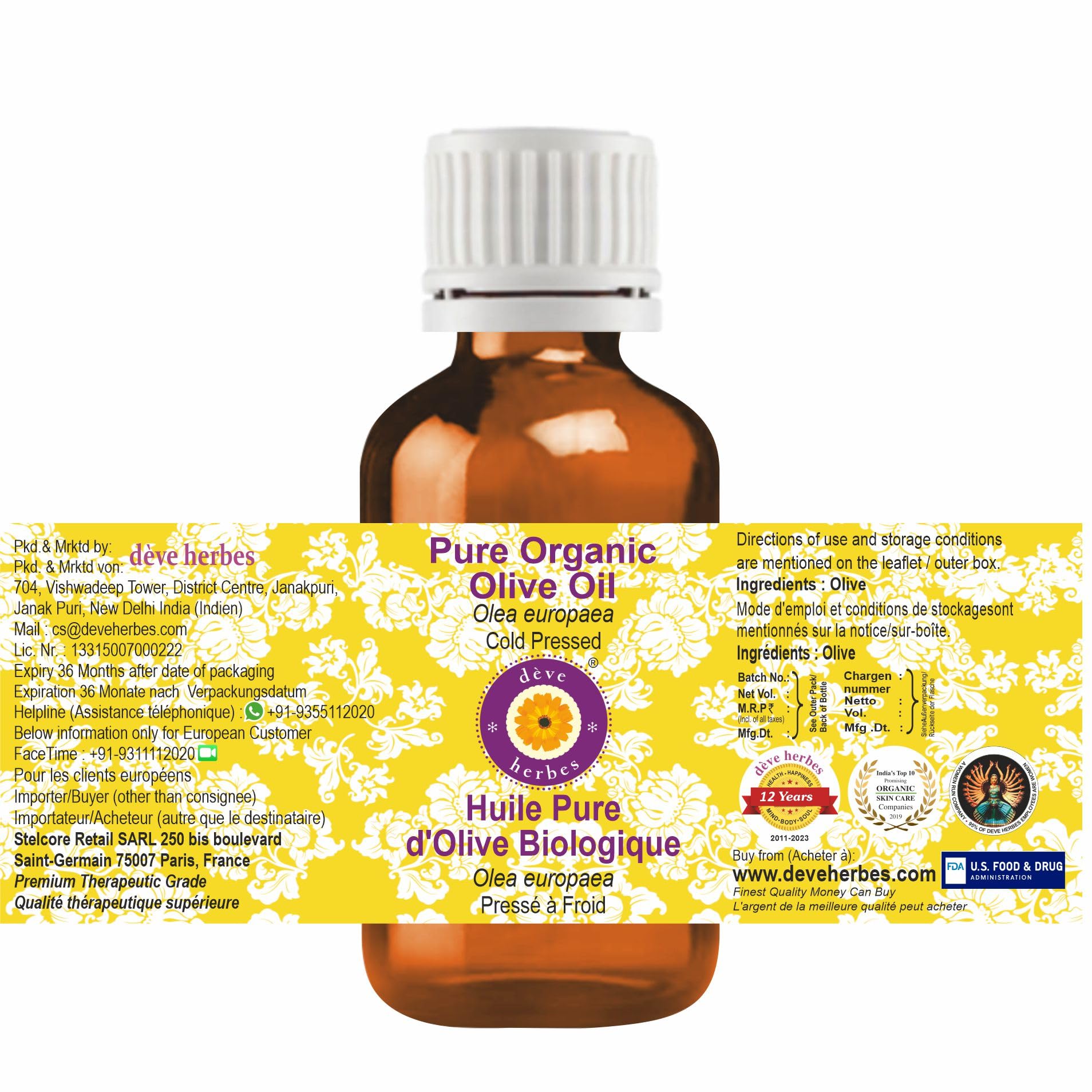 Deve Herbes Olio di oliva organico puro (Olea europaea) Qualità terapeutica naturale spremuto a freddo (Pack of Five) 100 ml X 5 (16,9 oz)