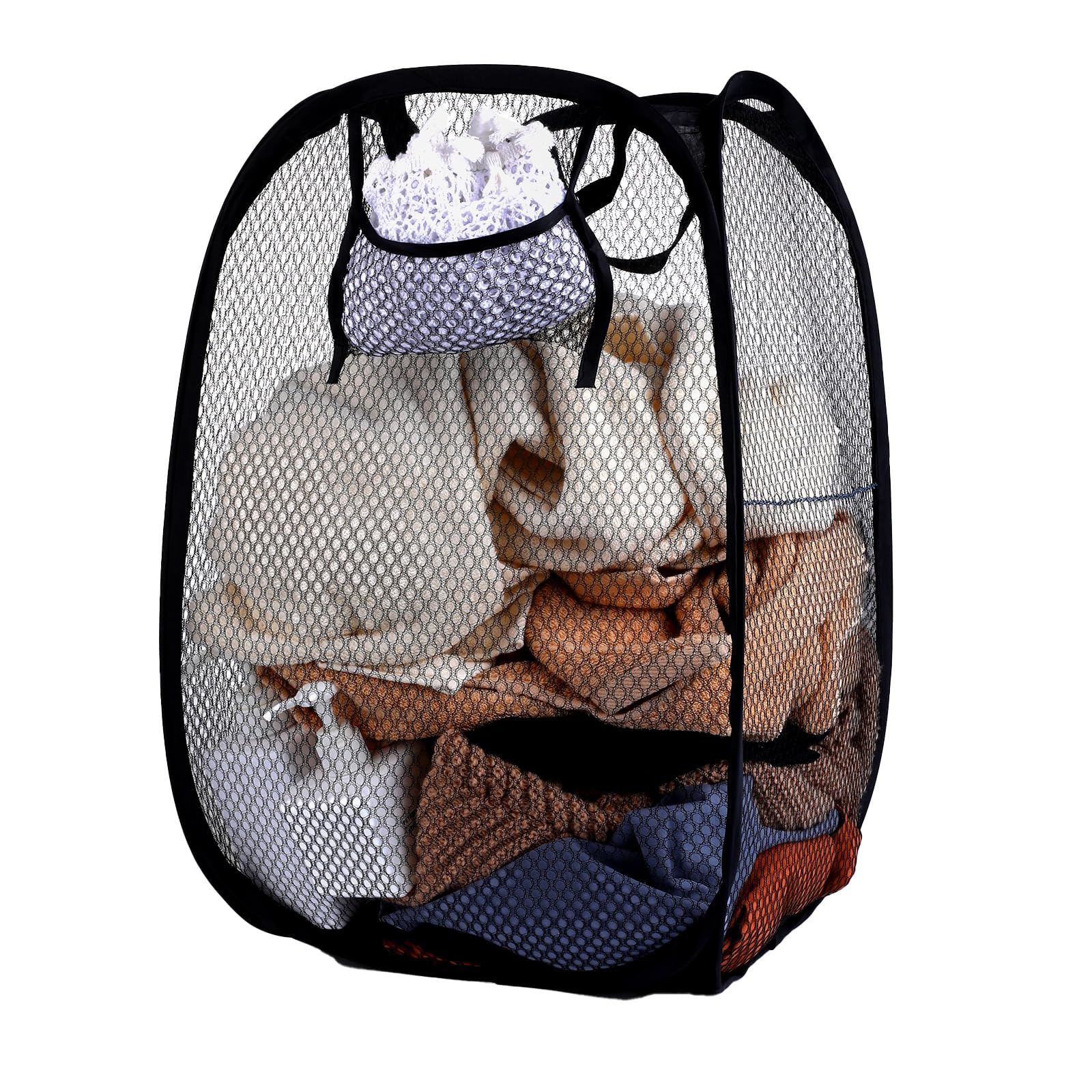 WLLHYF Mesh Large Foldable Pop Up Laundry Hamper with Opening Side Pocket Durable Portable Collapsible Laundry Dirty Clothes Basket with Carry Handles for Dorm Travel Apartments Home