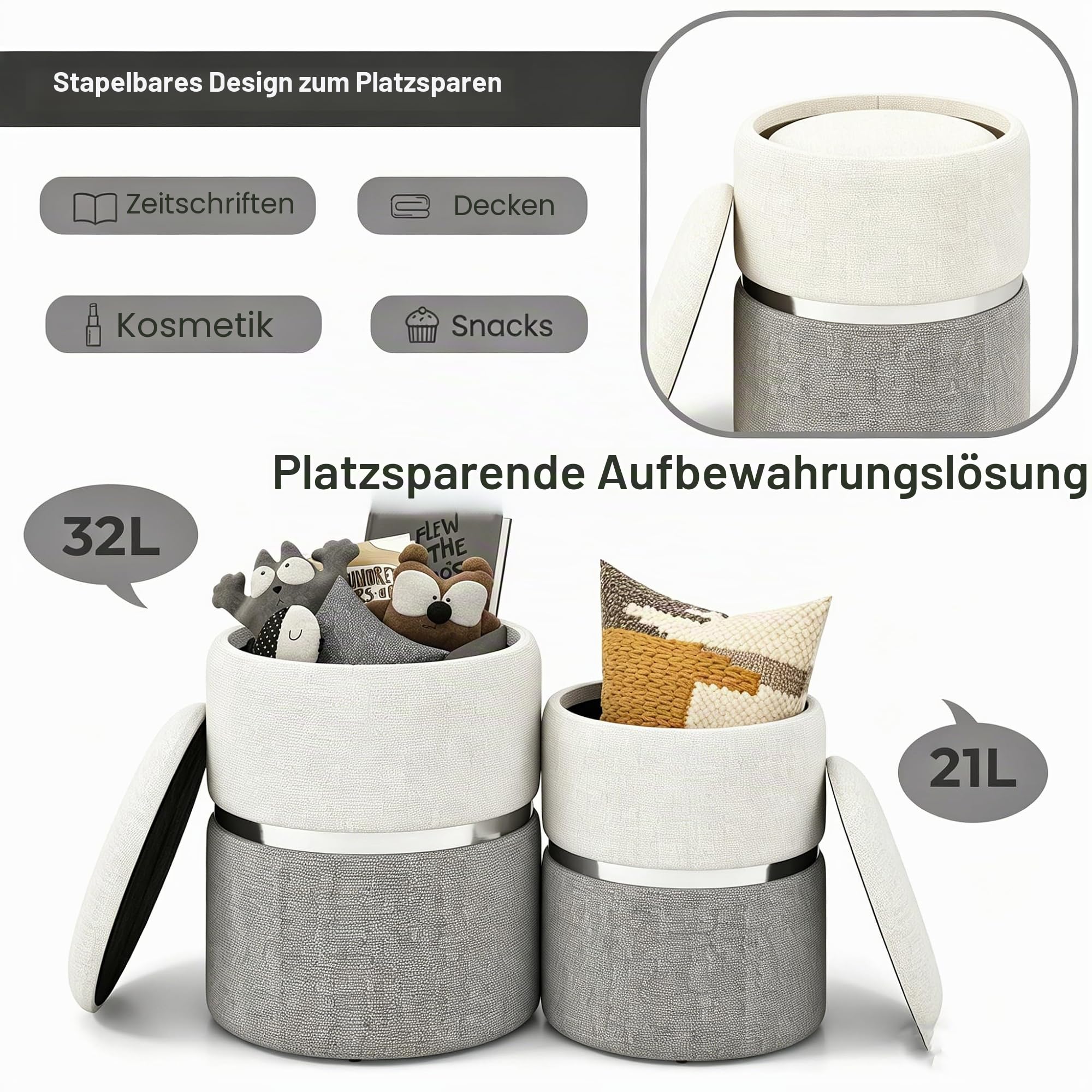 HOMASIS 2er Set Hocker mit Stauraum, Samt Sitzhocker rund, Polsterhocker aus Leinen, gepolsterter Schminkhocker Fußhocker mit abnehmbarem Deckel für Schminktisch, Wohnzimmer, Schlafzimmer (Grau)