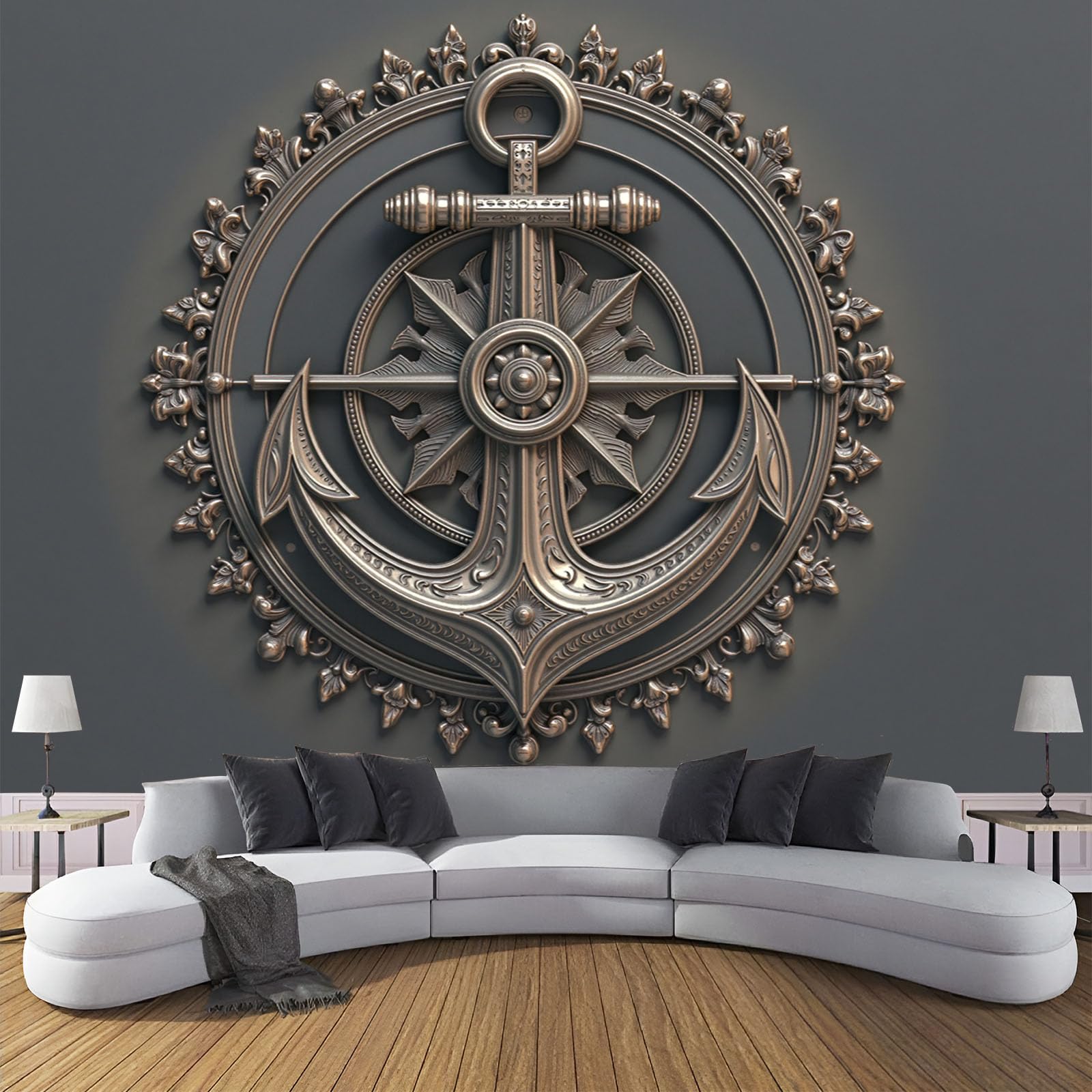 Poster géant mural relief boussole et ancre métallique au rendu premium gris anthracite
