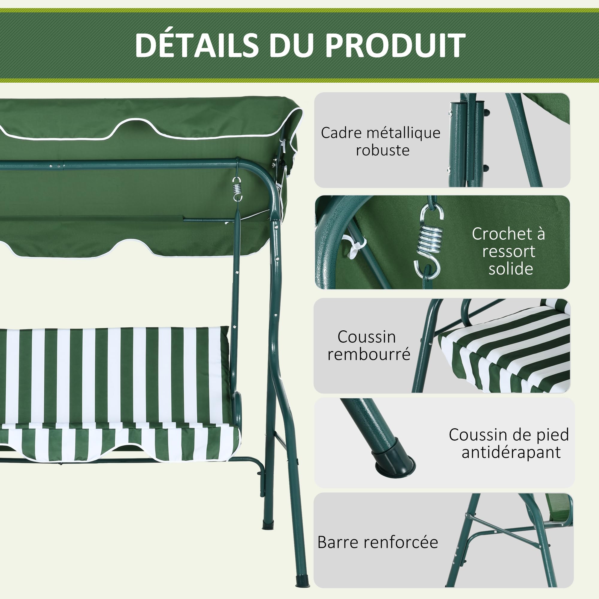Outsunny Tuinschommelbank, 3-zits, dak, helling, verstelbaar, kussen, zitting en rugleuning, 1,72 l x 1,1 l x 1,53 h m, staal, zwart, polyester, grijs