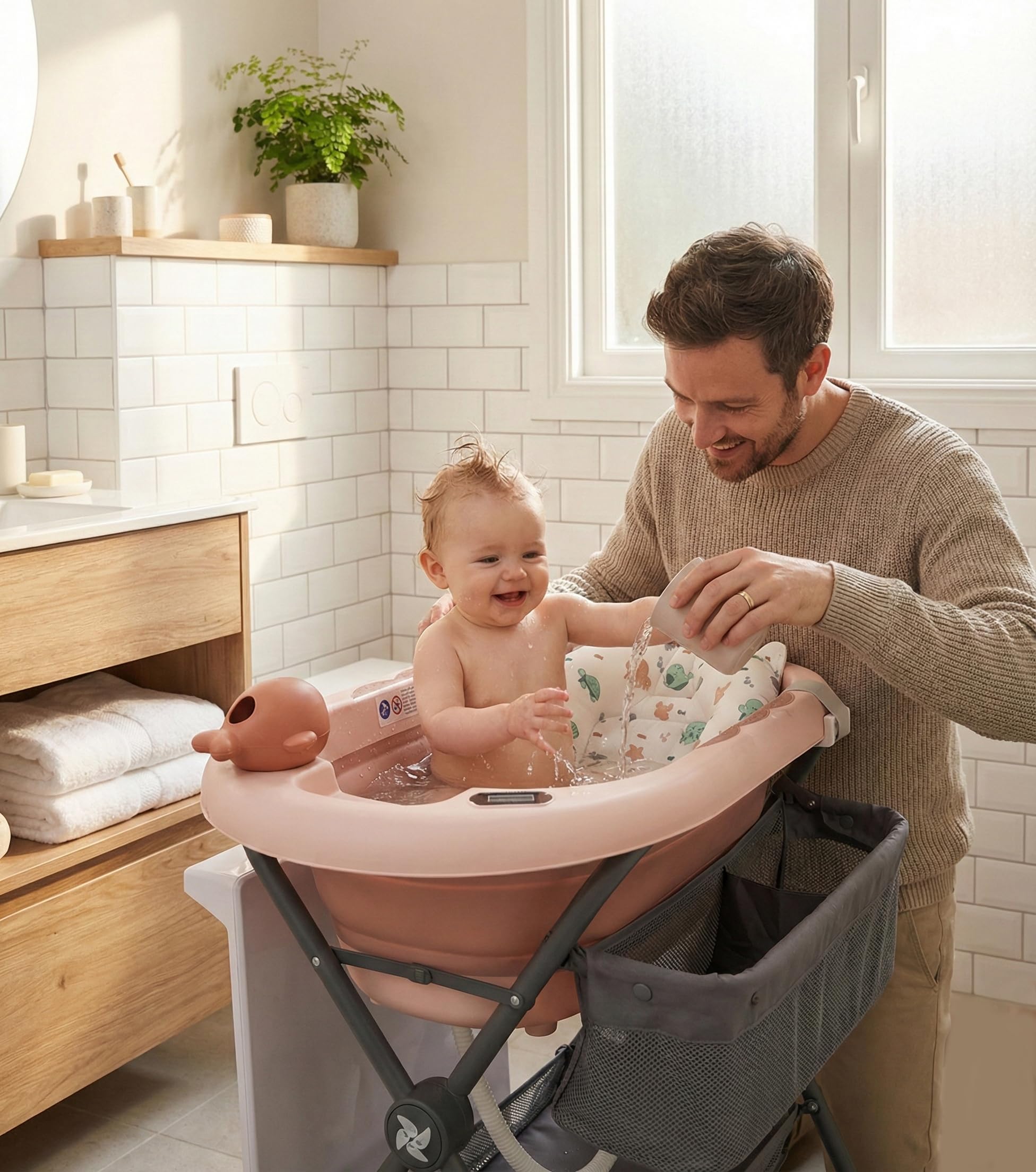 Twinly Bubbly – Bañera Cambiador Plegable para Bebé 2 en 1 – Altura Regulable Ergonómica, Bañera Extraíble para Playa y Viajes, Soporte Estable con Desagüe, Ideal para Baños Pequeños (Rosa) — view 3