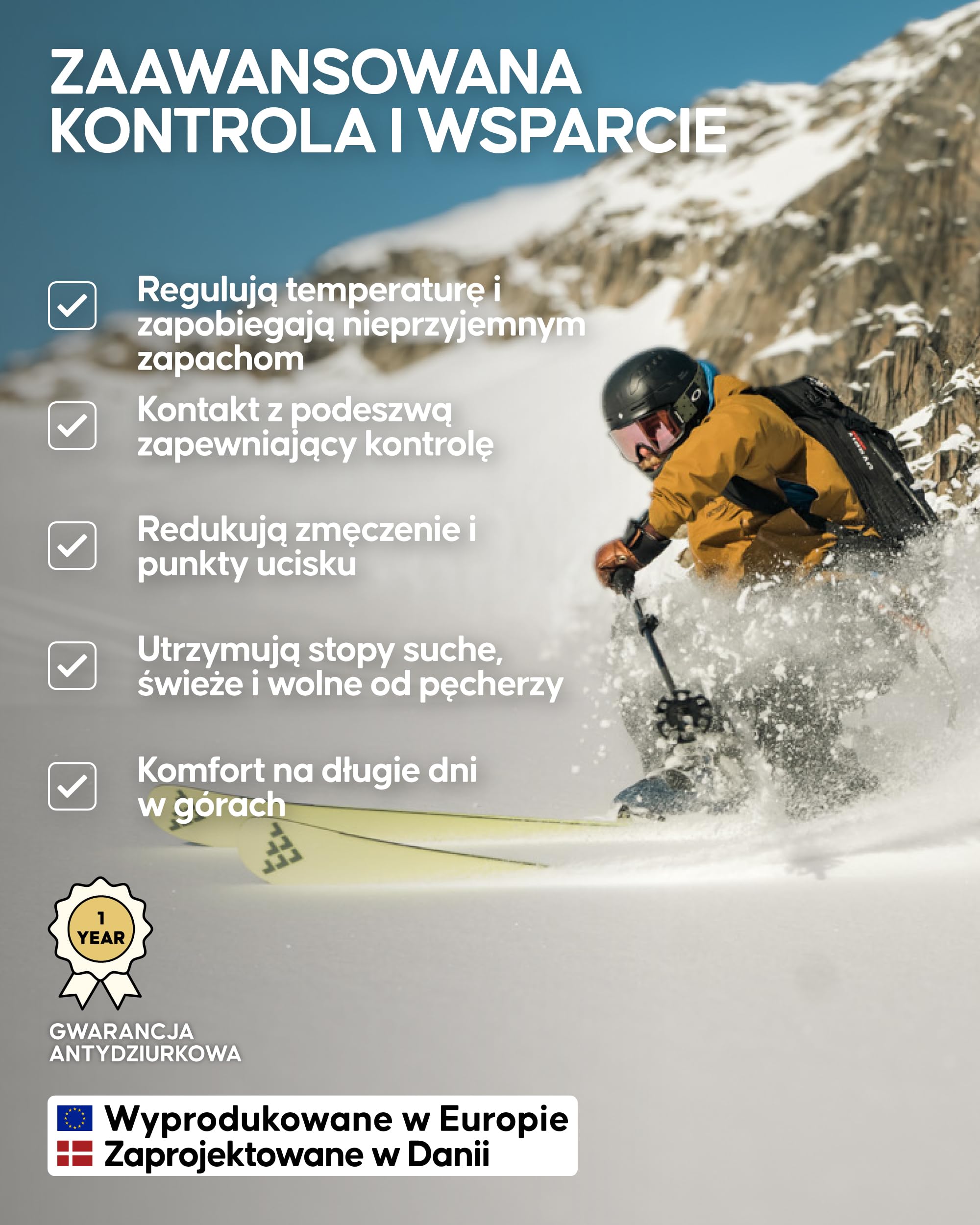DANISH ENDURANCE Skarpety Narciarskie Merino, Lekkie, Precyzyjnie Dopasowane, z Niską Amortyzacją, Bezpośredni Kontakt z Butem i Kontrola nad Nartami