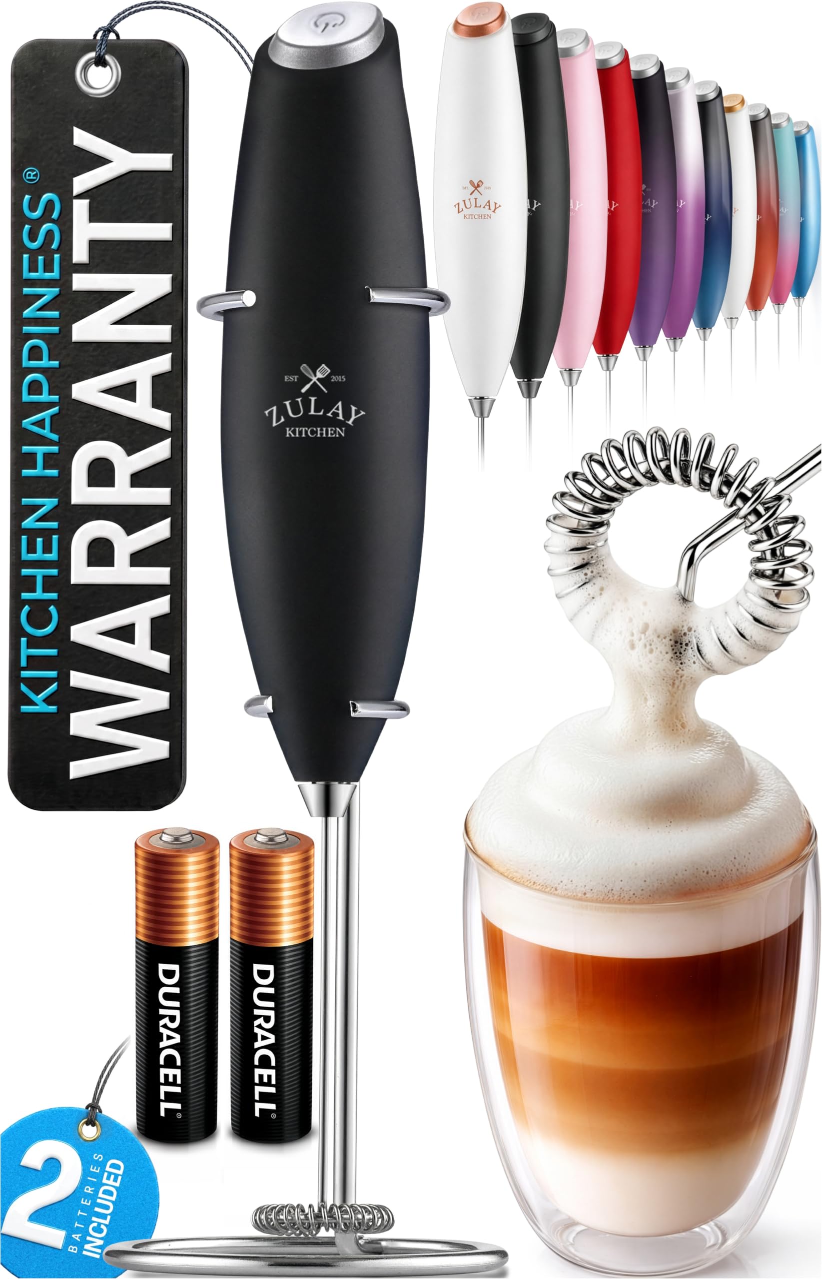 Zulay Kitchen Powerful Milk Frother Wand With Duracell Batteries - Ultra Fast Handheld Drink Mixer - Electric Whisk Foam Maker for Coffee, Lattes, Cappuccino &amp; Matcha - Z1 Motor - Black