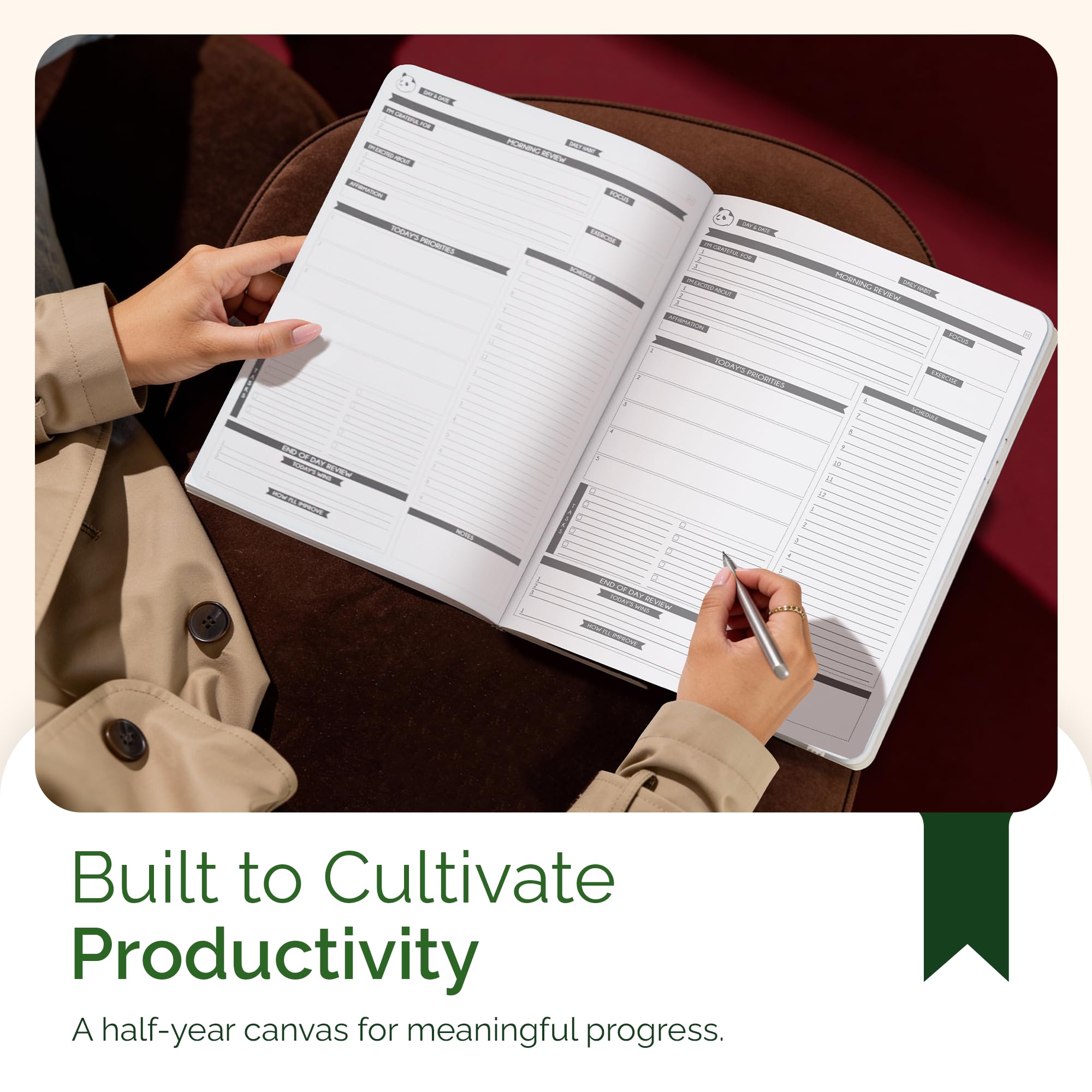 Panda Planner Pro – Agenda journalier 2021, 21,6 x 27,9 cm, couverture souple, jour non daté, organisation garantie, gratitude et objectifs, journal de 6 mois (vert foncé)