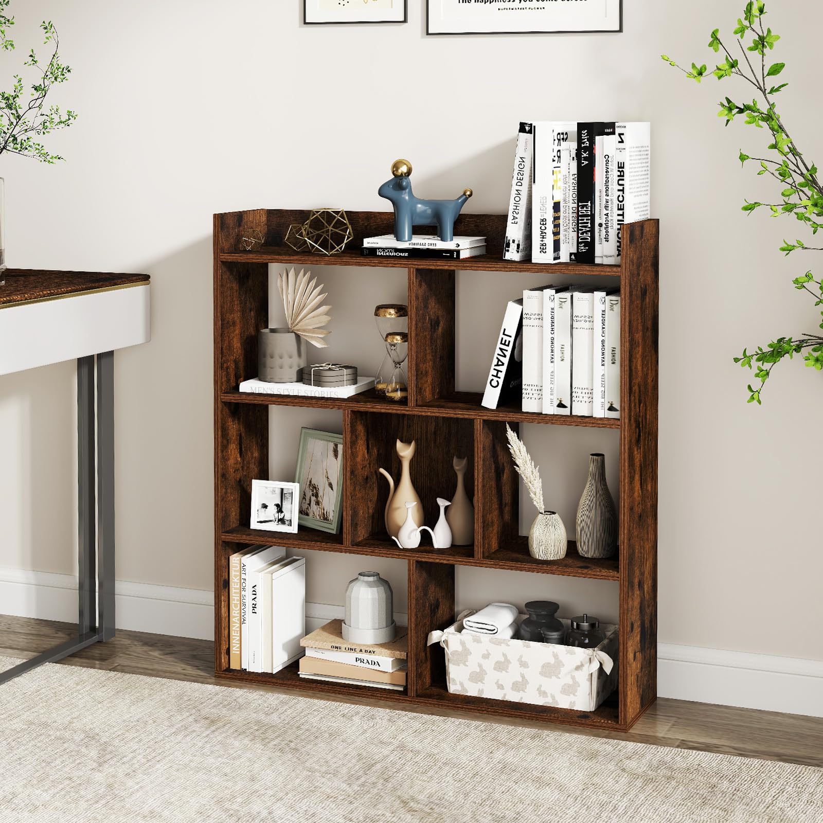 COSTWAY Libreria a Cubi con 7 Scomparti, Mensola Espositiva per l'Archiviazione, Libreria in Legno con Dispositivi Anti-Ribaltamento, per Studio Soggiorno, 80x20x90 cm (Caffè)