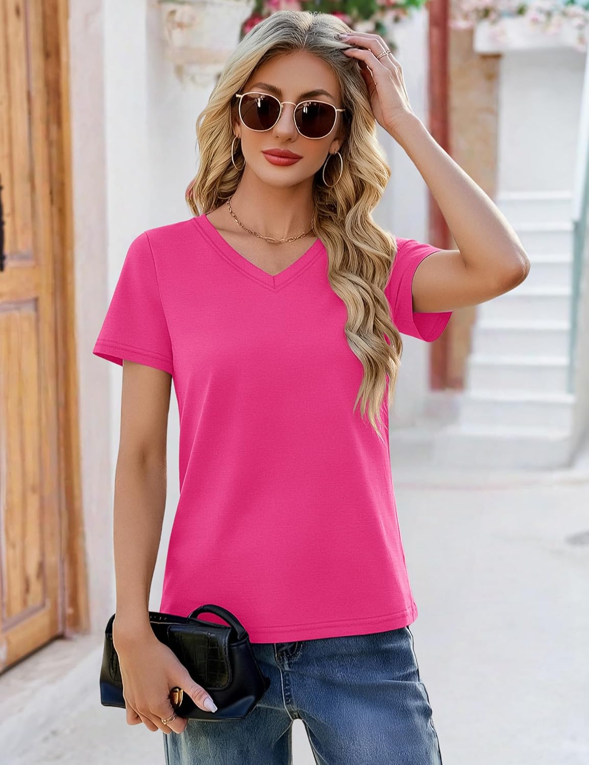 YUCOLEN T Shirts for Women Cotton Short Sleeve V Neck Basic Tees Soft Breathable UPF 50+ Tops for Summer Spring - Image 2