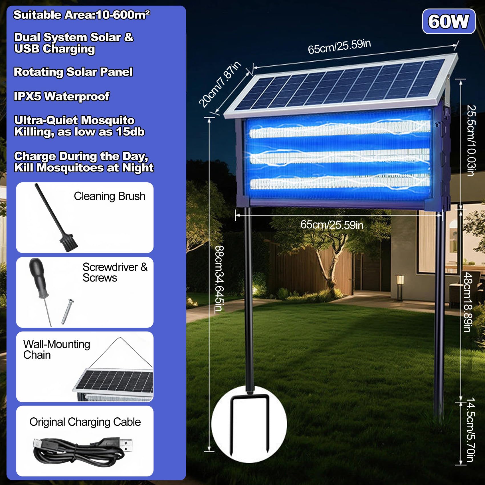 45 W Solar Insektenvernichter für den Außenbereich, wasserdicht, 3000 V, hohe Leistung, kabellos, doppelt, Solar & USB wiederaufladbar, Insektenvernichter für Terrasse, Garten, Hinterhof, Innen- und