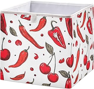 Cube Storage Bins Red Chili and Cherries Pattern Collapsible Fabric Storage Baskets, Large Clothes Organizer Box for Bedroom, Living Room, Study Room 15.75 x 10.63 x 6.96IN
