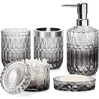 Glass Bathroom Sets Grey Bathroom Accessory Sets with Soap Dispenser Soap Dish Toothbrush Holder Cotton Bud Container Stylish Bathroom Decor Sets