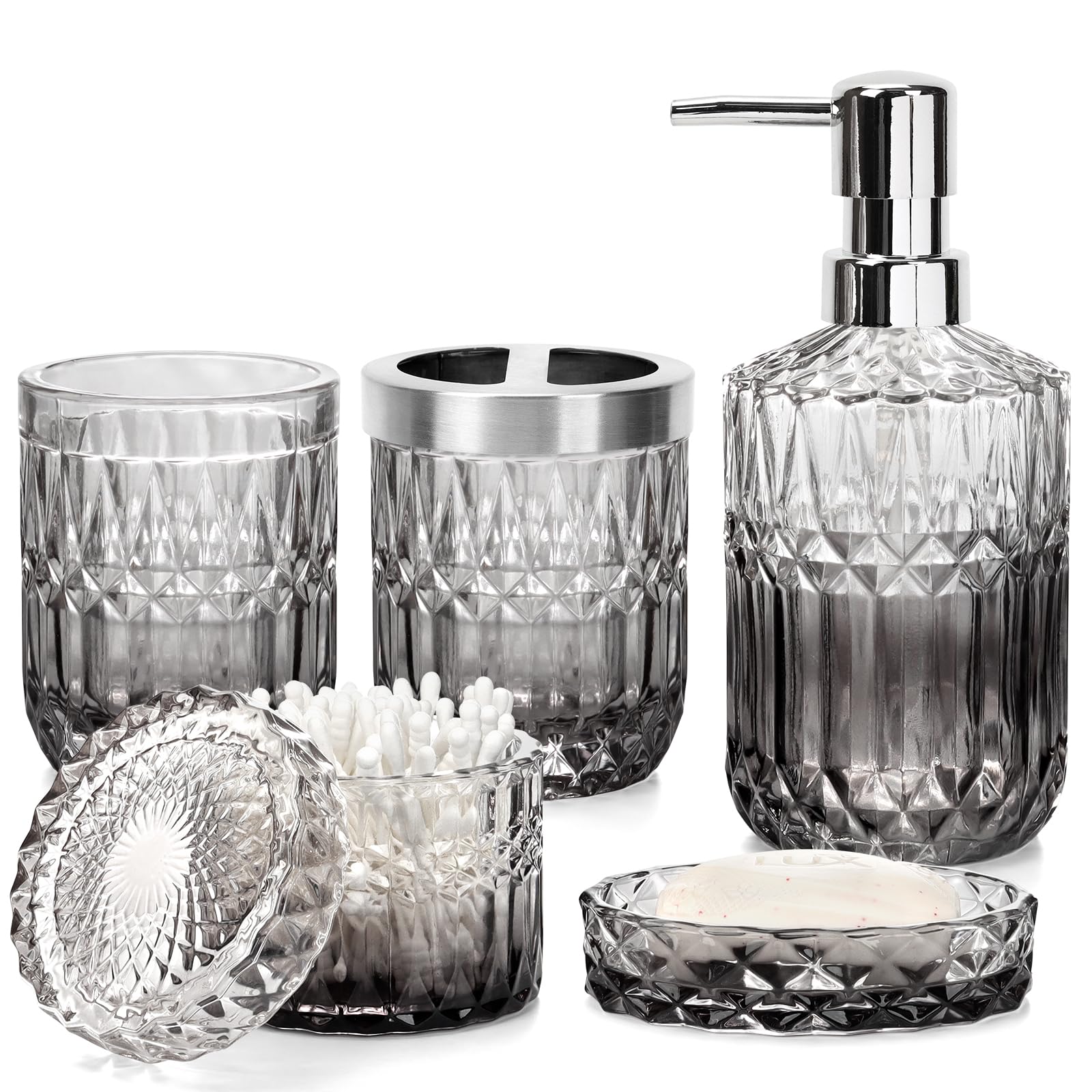 5-teiliges Badezimmer-Set aus Glas, Stilvolle Badezimmer-Deko mit Seifenspender, Zahnbürstenhalter, Wattepad-Halter, Becher, Seifenschale für Waschtisch, Badezimmer (Grauer Farbverlauf)