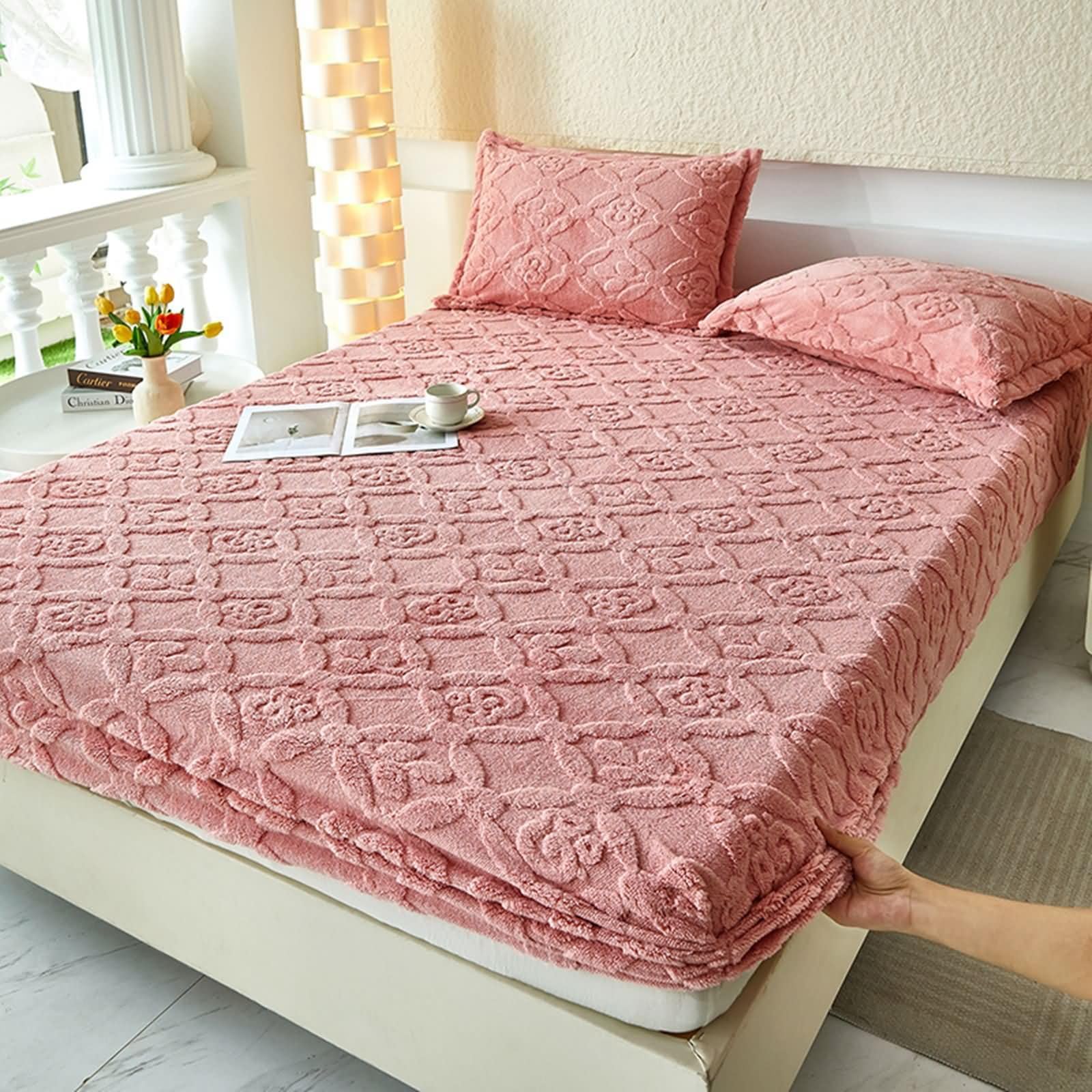 KnSam Drap Housse et 2 Taies d'oreiller Doux - 150x200cm - Vieux Rose - Parure de Lit Flanelle Jacquard, Drap Housse Hiver Chaud Confortable