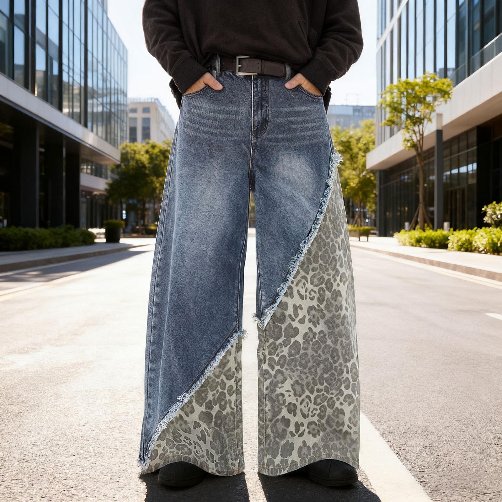 Generico Baggy Jeans Uomo Pantaloni Elefante Moto Flared Larghi Y2K Bootcut Slim Strappati Fit Invernali Cargo Loose Jins Zampa Balloon
