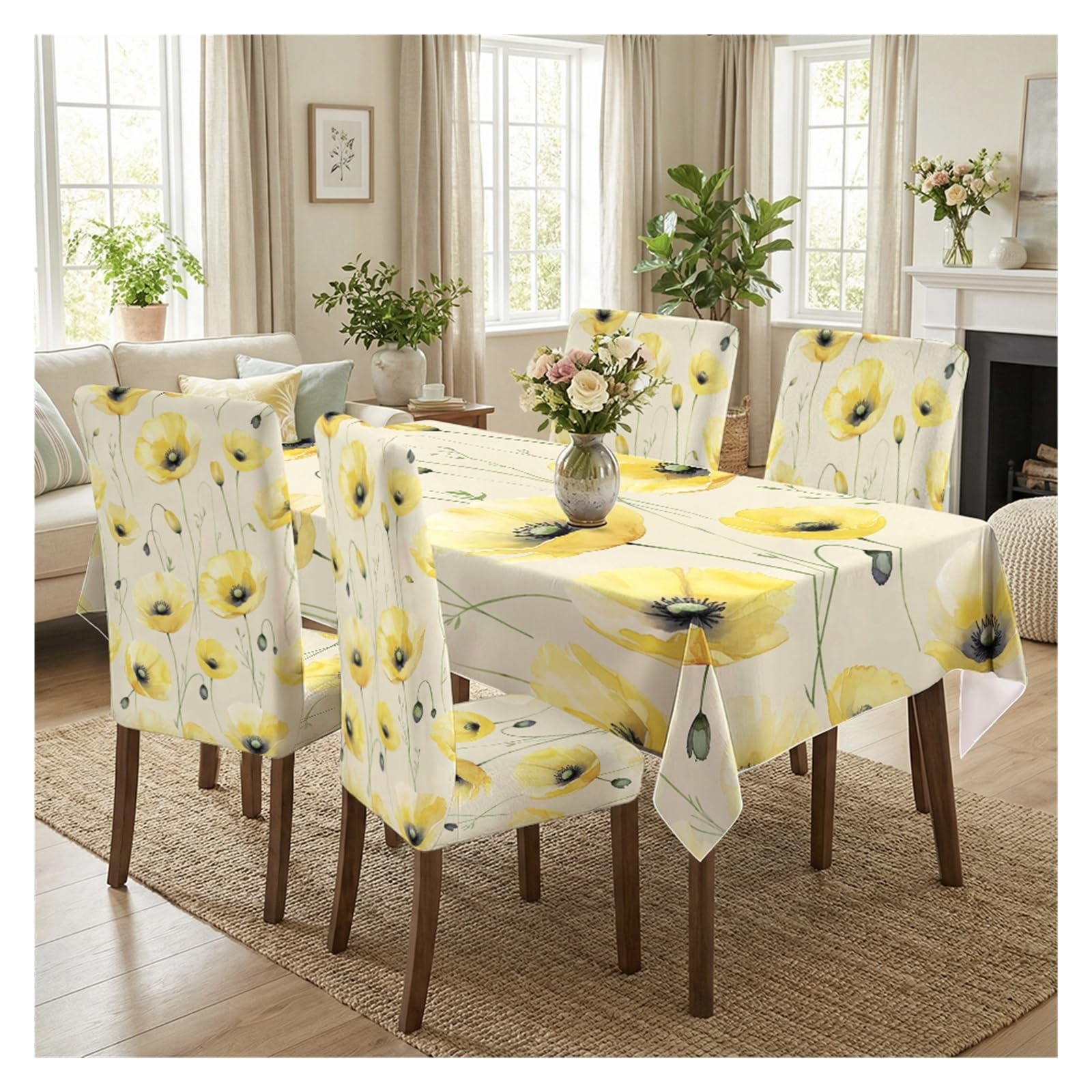 BOSUYBN Cream Base Yellow Poppy Dining Tablecloth & Chair Cover Set, 5/7 Piece Watercolor Floral Slipcovers For Farmhouse Home Table Setting(5pcs Set: Tablecloth+Chair Covers)