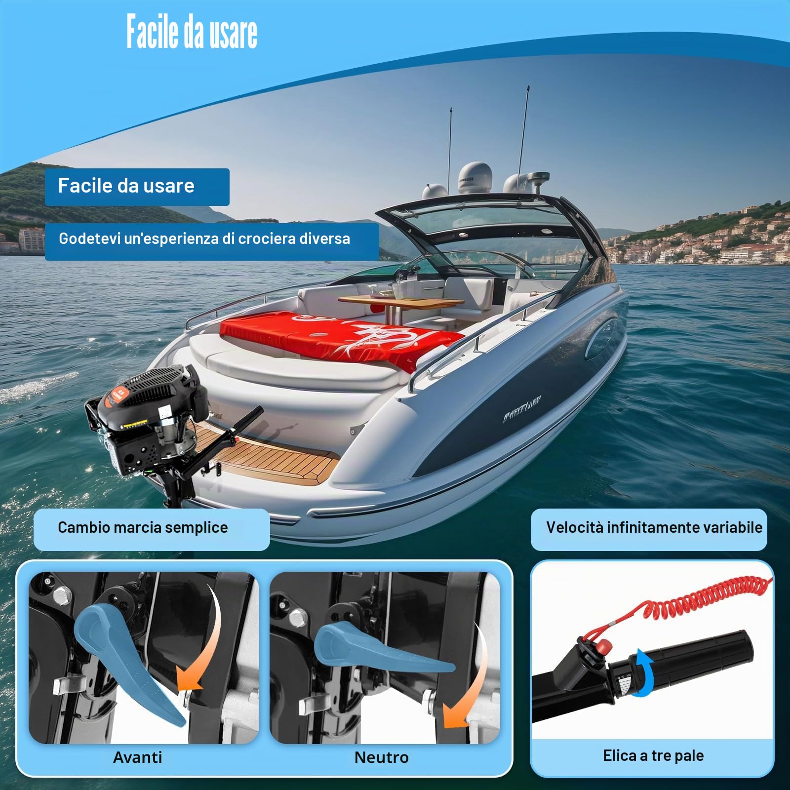 Motore fuoribordo a 4 tempi, 6 CV, 140 cc, raffreddato ad aria, per gommoni, barche da pesca, con avviamento manuale e sterzo a 360°