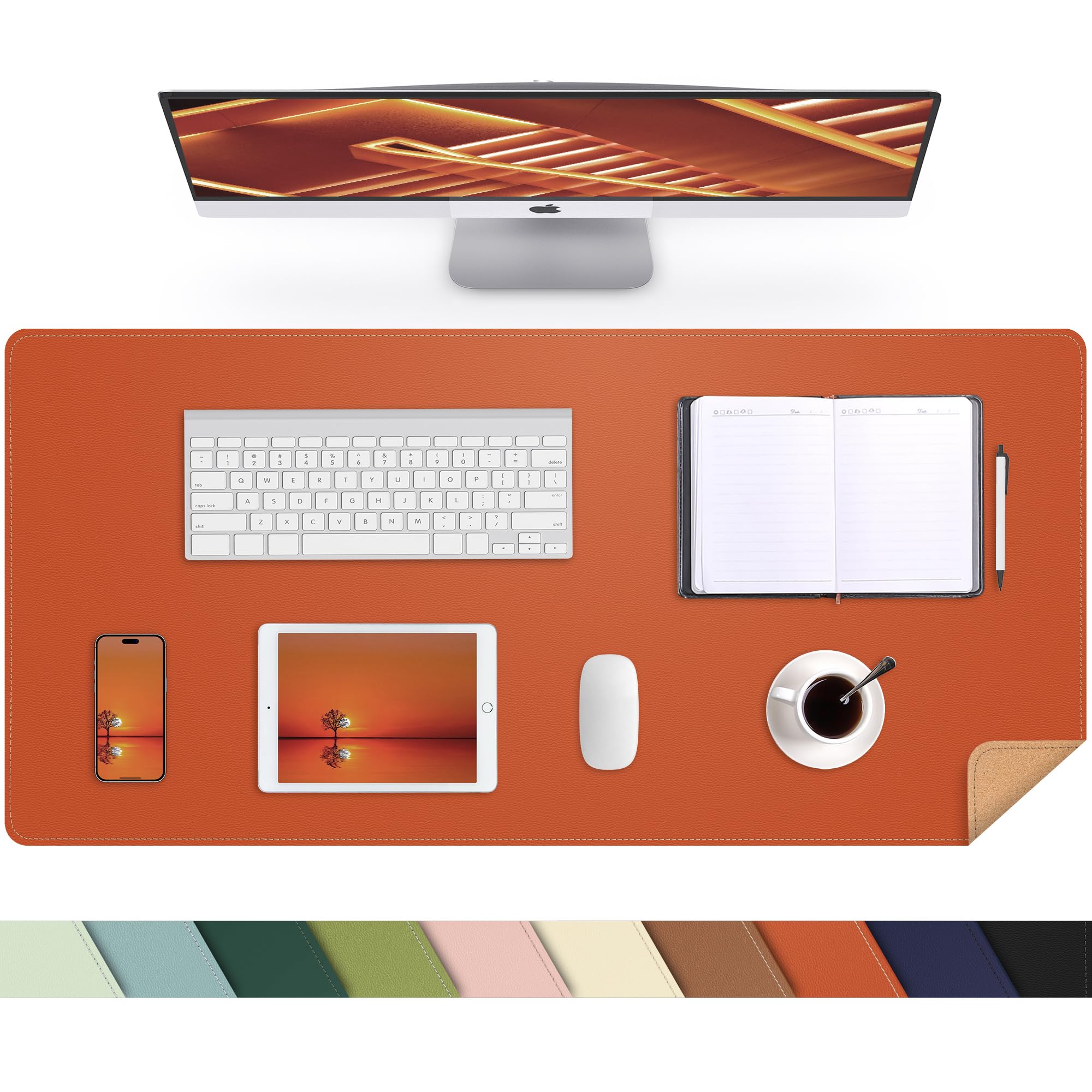 Leather Desk Mat, Large Mouse Mat,PU Leather & Cork Desk Pad, Waterproof Leather Table Protector Writing Pad for Office and Home(90x 43cm,Orange) — image 1