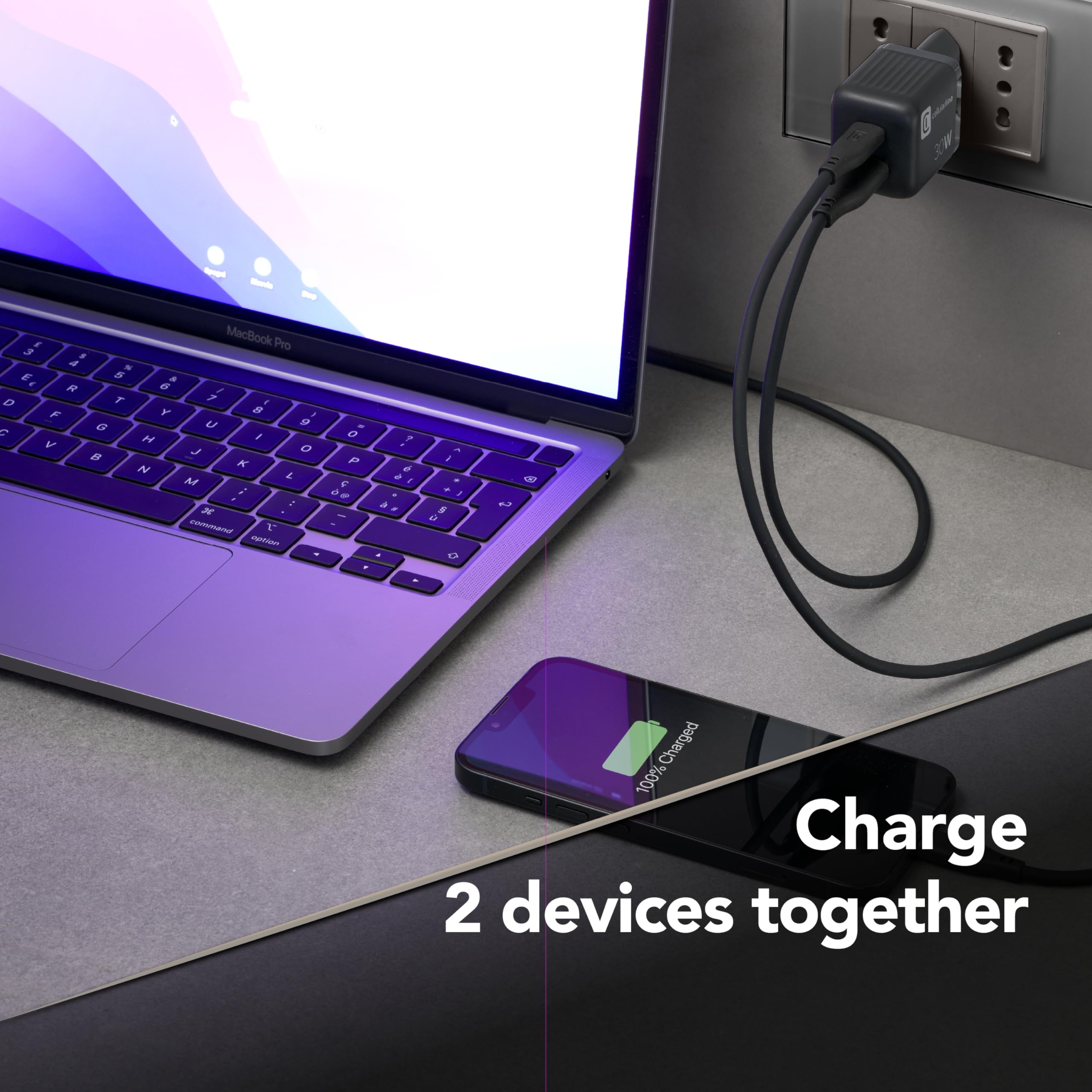 Cellularline Caricabatterie da Rete Multipower Micro Super Fast Charger 30W 2 Porte USB-C Tecnologia GaN