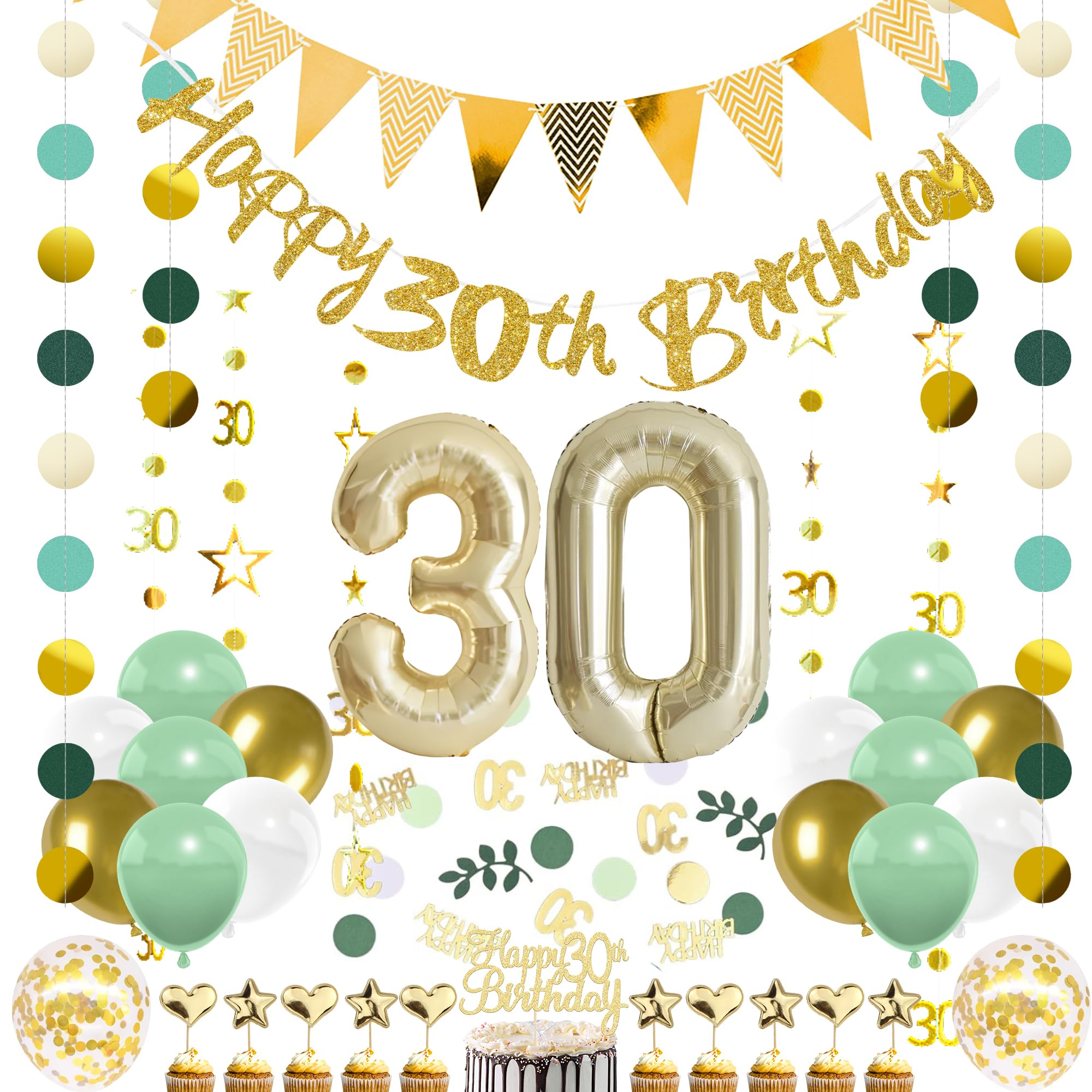 30th Birthday Decorations Party Women - 34 Pcs Gold Glitter Banner Balloons Swirls Circle Dot Twinkle Star Garland Pennant Cake Cupcake Toppers For 30 Years Old Party Decor Supplies