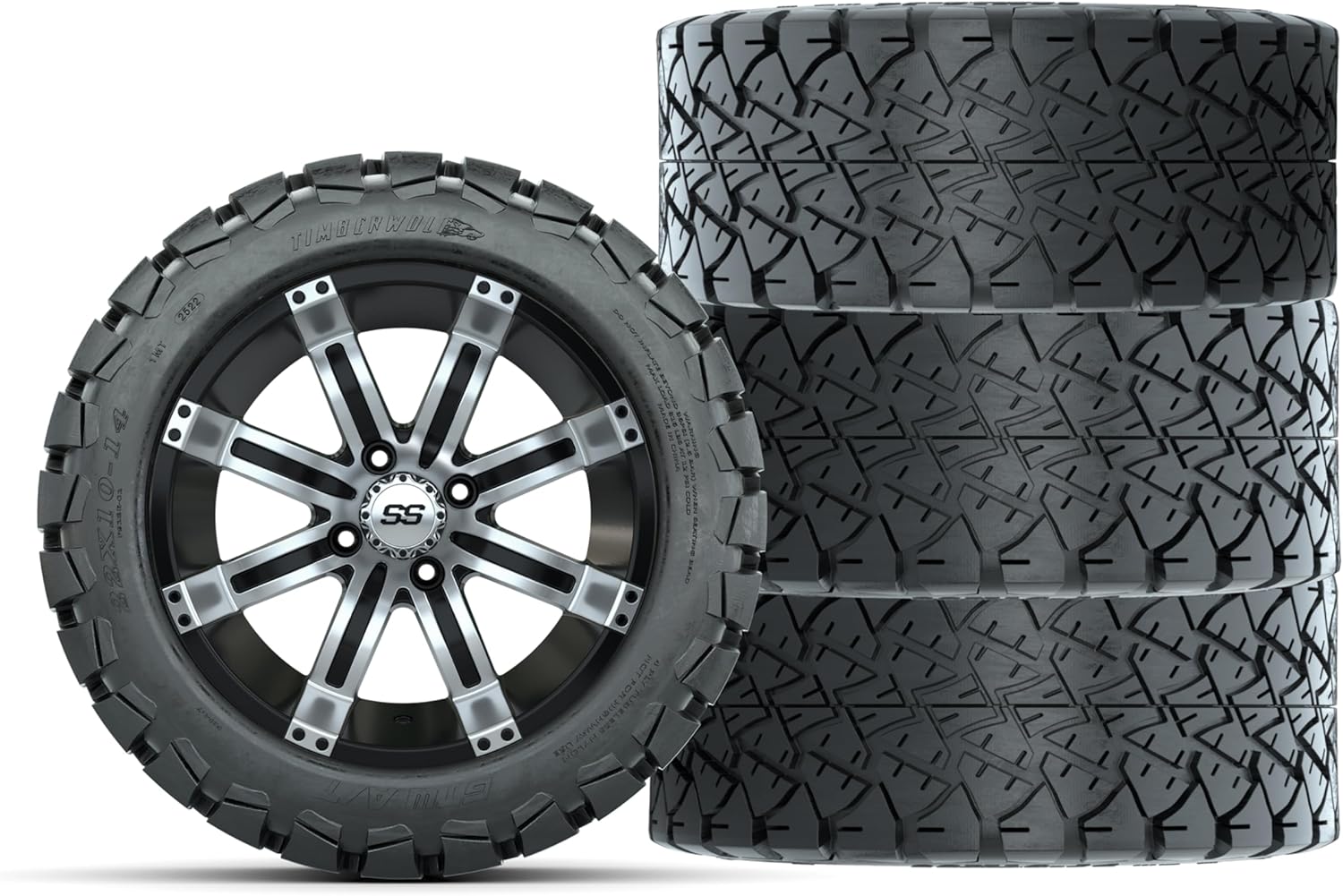 GTW 14 Inch Golf Cart Wheels and Tires Combo | Machined/Black Tempest Wheels on 22x10-14 Timberwolf All Terrain Tires | Set of 4 (Machined/Black)