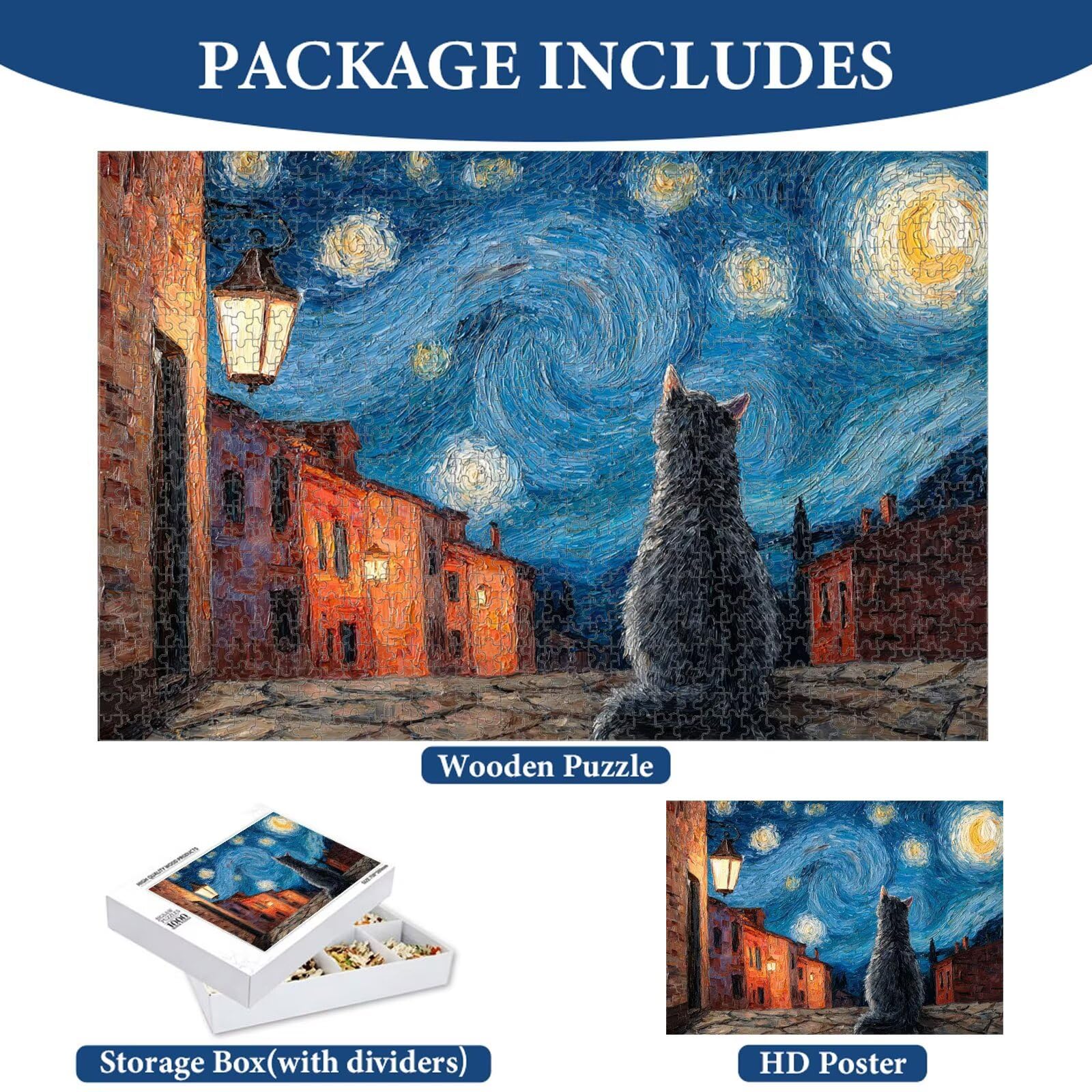 1000 Pièces Puzzle Adulte Ciel étoilé & Chat Puzzle en Bois Robuste 1T#78 | Puzzle en Bois, Découpe de Précision, Encres aux Couleurs Vives, Loisir Relaxant, Décoration Intérieure, Cadeau, 50x75cm