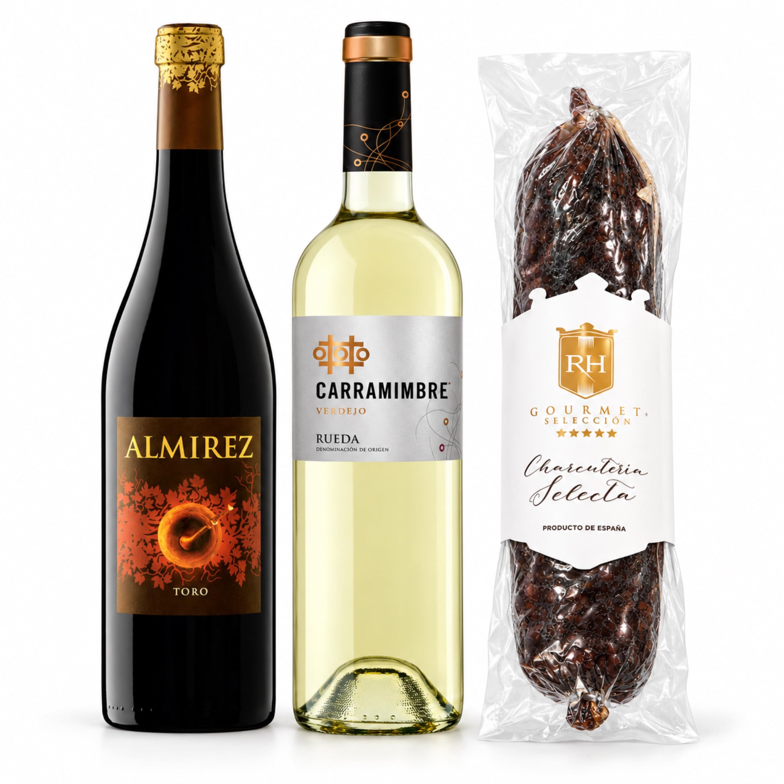 Cesta gourmet Navidad Almirez y Carramimbre Verdejo con morcilla ibérica gourmet 400 g RH Gourmet, pack de 2 botellas 75 cl