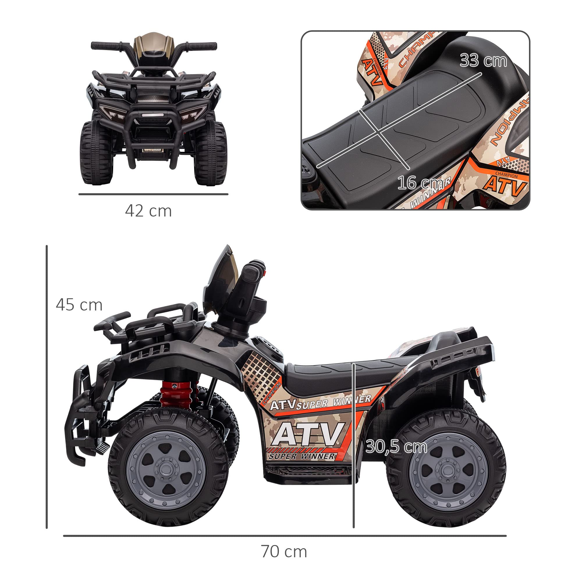 HOMCOM ATV samochód dziecięcy akumulator 6V samochód elektryczny LED przednie światło pojazd dla dzieci motocykl dziecięcy elektryczny quad dla dzieci 18-36 miesięcy dzieci metal tworzywo sztuczne PP