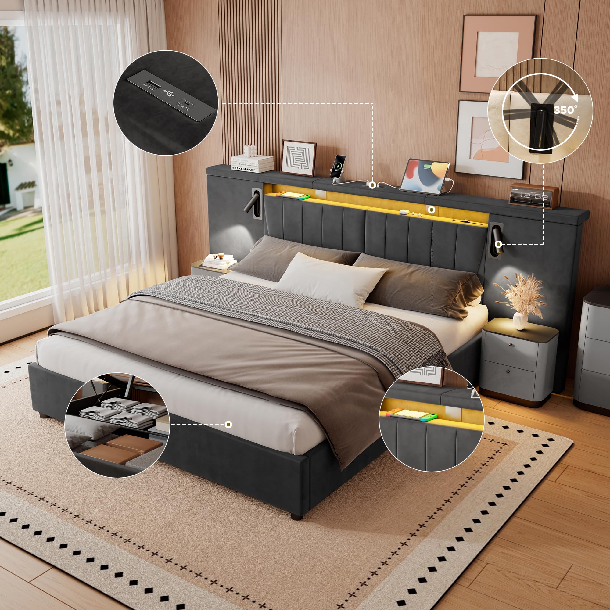 Letto Matrimoniale 180x200 con LED Testiera larga, Letto Contenitore Matrimoniale con porta USB e Lampada, Struttura Letto Matrimoniale Imbottito 180x200, Senza Materasso, Velluto Grigio