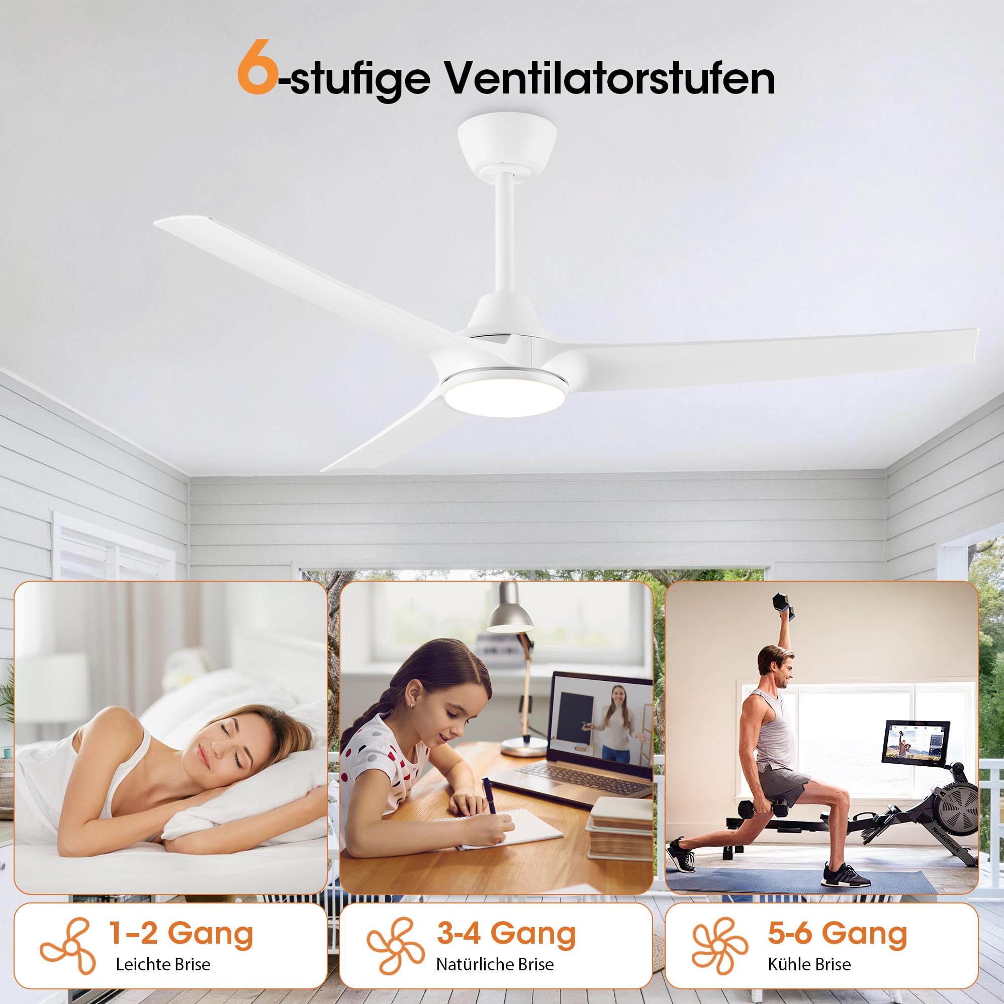 Parrot Uncle 132cm Ventilator Deckenleuchte,Umkehrbarer Ventilator, 3 Flügel, 3 Farbtemperatur,6 Geschwindigkeiten Zeitschaltuhr,Fernbedienung Leise Dimm für Schlafzimmer Wohnzimmer,Weiß