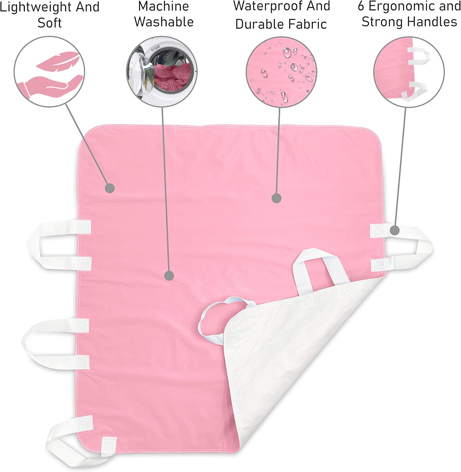 Atcha Ba Waterproof Positioning Bed Pad with 6 Handles, Reusable Incontinence Underpad, Washable Hospital and Home Care Sliding Sheet, 34” x 36” (2-Pack Pink) : Health & Household