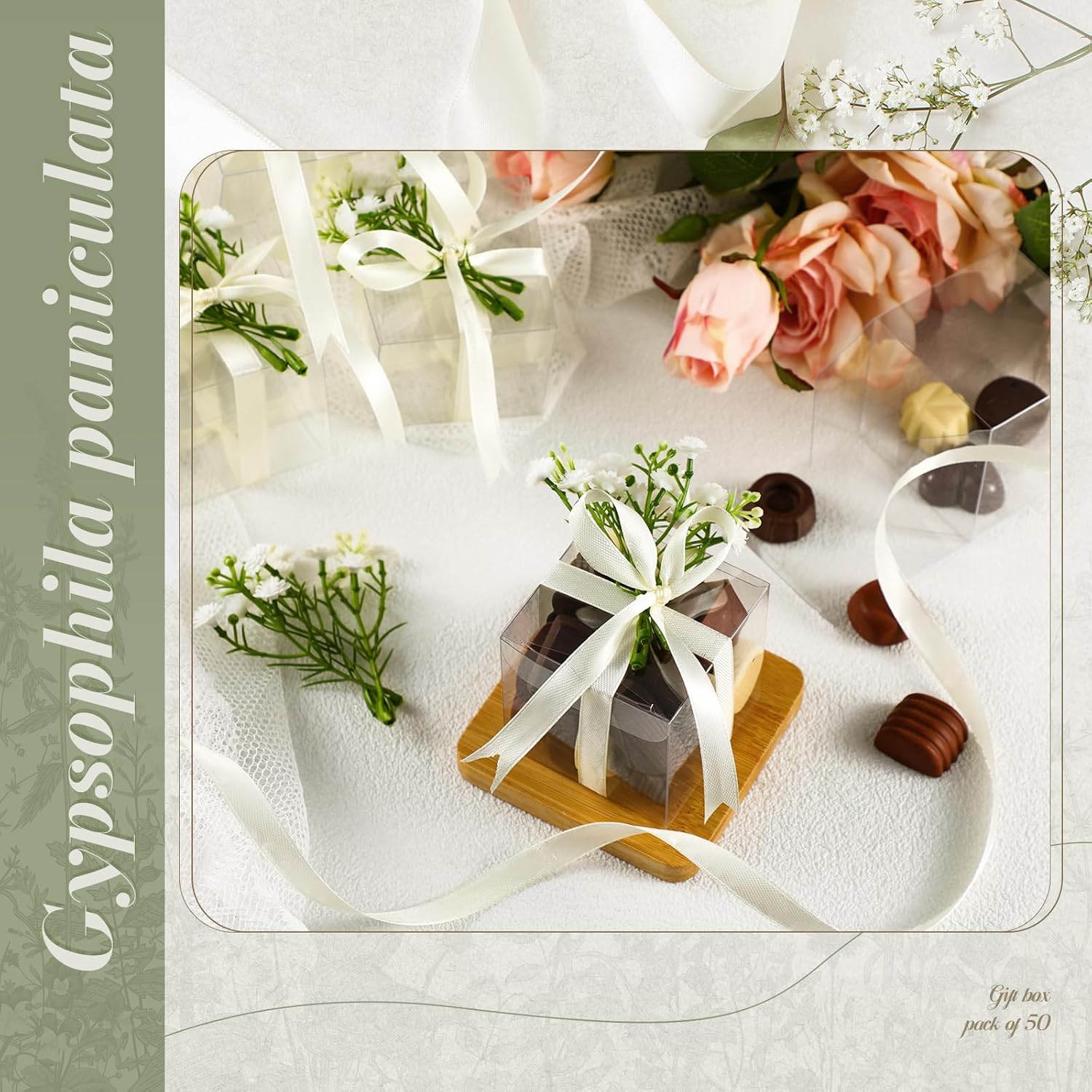 Remerry 50 Sets Clear Favor Boxes 2.4 x 2.4 x 2.4 Inches Plastic Clear Gift Boxes with Artificial Baby Breath Flowers Satin Ribbons Mini Transparent Cube for Wedding Bridal Shower Birthday Party - Image 3