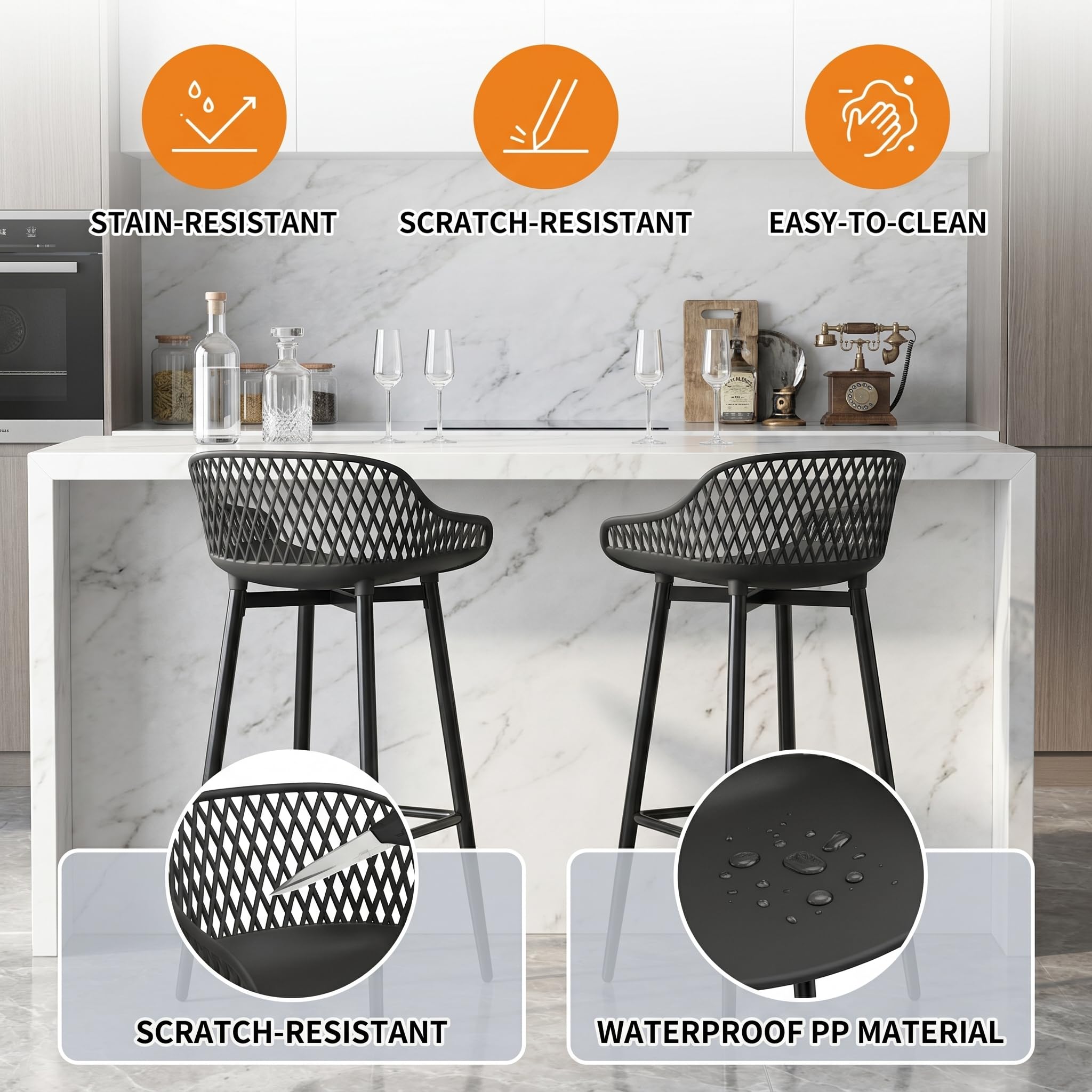 Sgabelli da Bar, Set di 4, con Poggiapiedi e Schienale, Altezza di Seduta di 68cm, Sgabelli Alti, adatti per Cucine, Sale da Pranzo, penisole, Esterno, Giardino e Bar, Nero