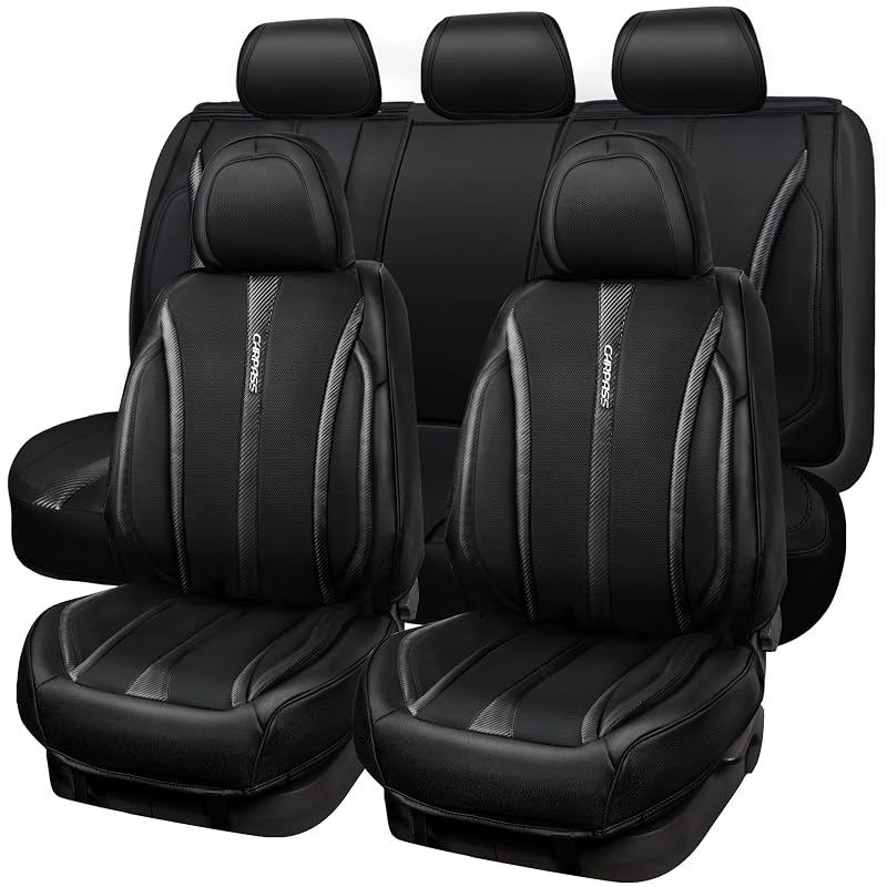 Capa para Banco Automotivo CAR PASS em Couro Nappa com Acabamento de Fibra de Carbono, Preta, Kit Completo para 5 Lugares
