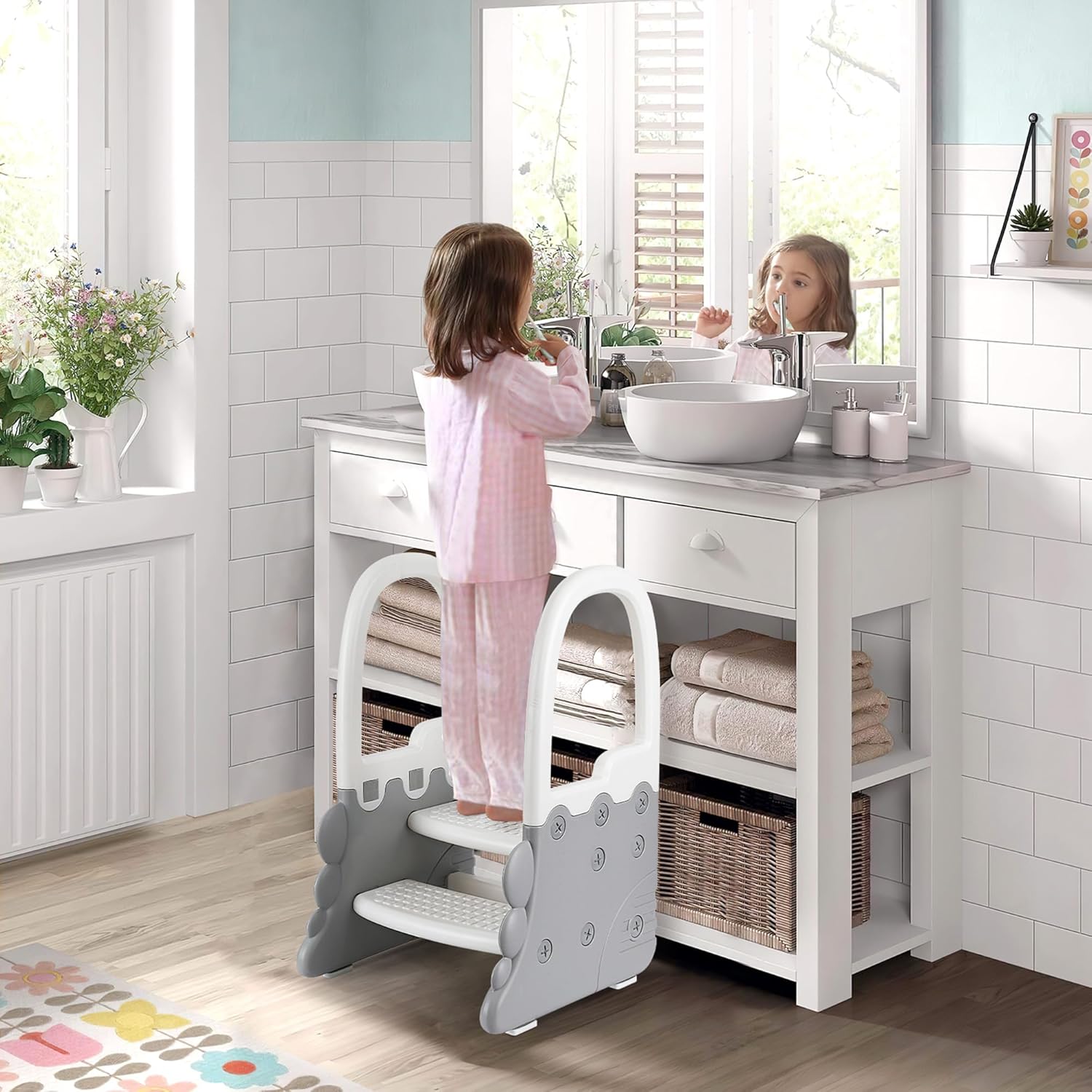Step Stool for Toddlers with Handles, 2 Step Bathroom Stool with Non-Slip Pads, Ideal Plastic Potty Ladder and Kitchen Learning Helper