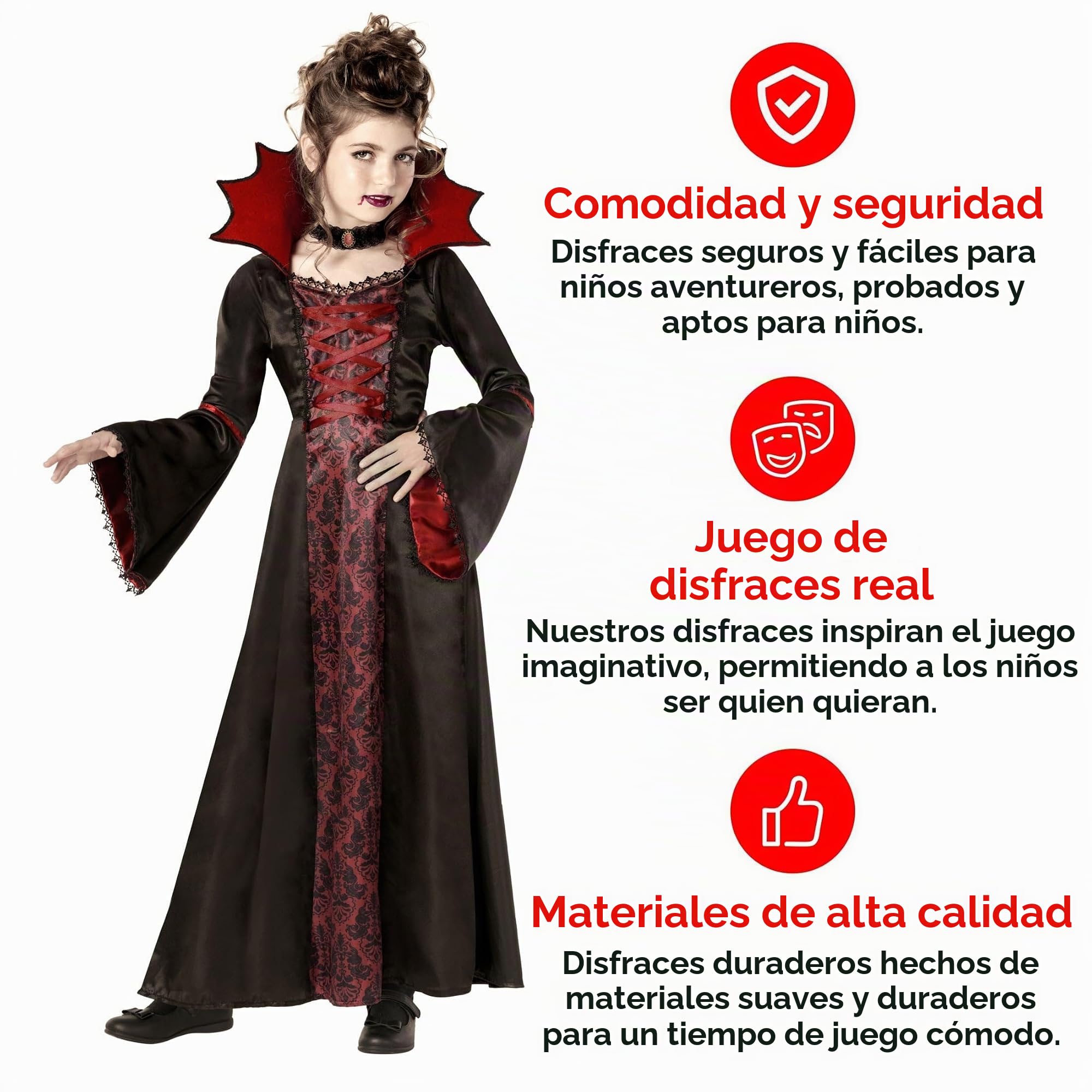Morph Disfraz Vampiresa Niña, Disfraz Halloween Niña | Vestido Negro y Rojo con Cuello Alto & Collar, Encaje Gótico, Perfecto para Halloween, Ideal para Juegos de Rol