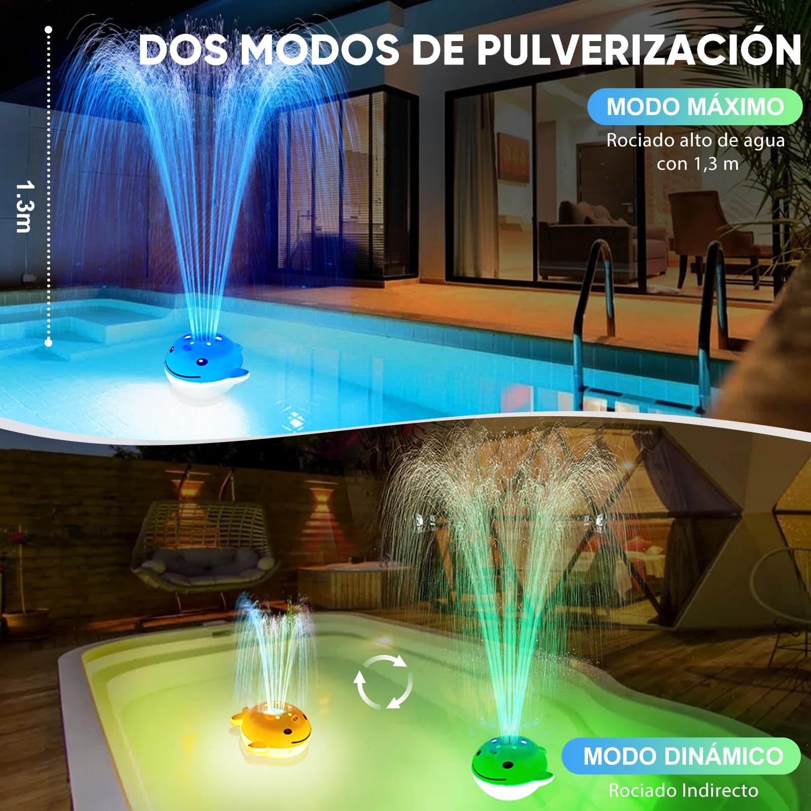 DeeprBling Fuente Flotante para Piscina con Espectáculo de Luces Subacuáticas, Fuente para Piscina Recargable, 2 Modos de Pulverización con Botones y Control Remoto, 7 Modos de Luz & Temporizador