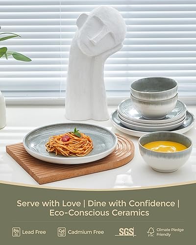 Vista 3 de Gradient Green Stoneware Dinnerware Sets, 12 pcs Reactive Glaze Plates and Bowls Sets, Handmade Ceramic Round Dishes Set for 4, Highly Chip and