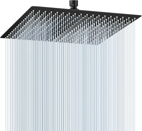 KINLIV 16 inch Matte Black Large Rain Shower Head - All Metal 304 Stainless Steel, Full Body Rainfall Shower with 324 Silicone Nozzles - Waterfall Bathroom Square Showerheads, Ceiling Mounted