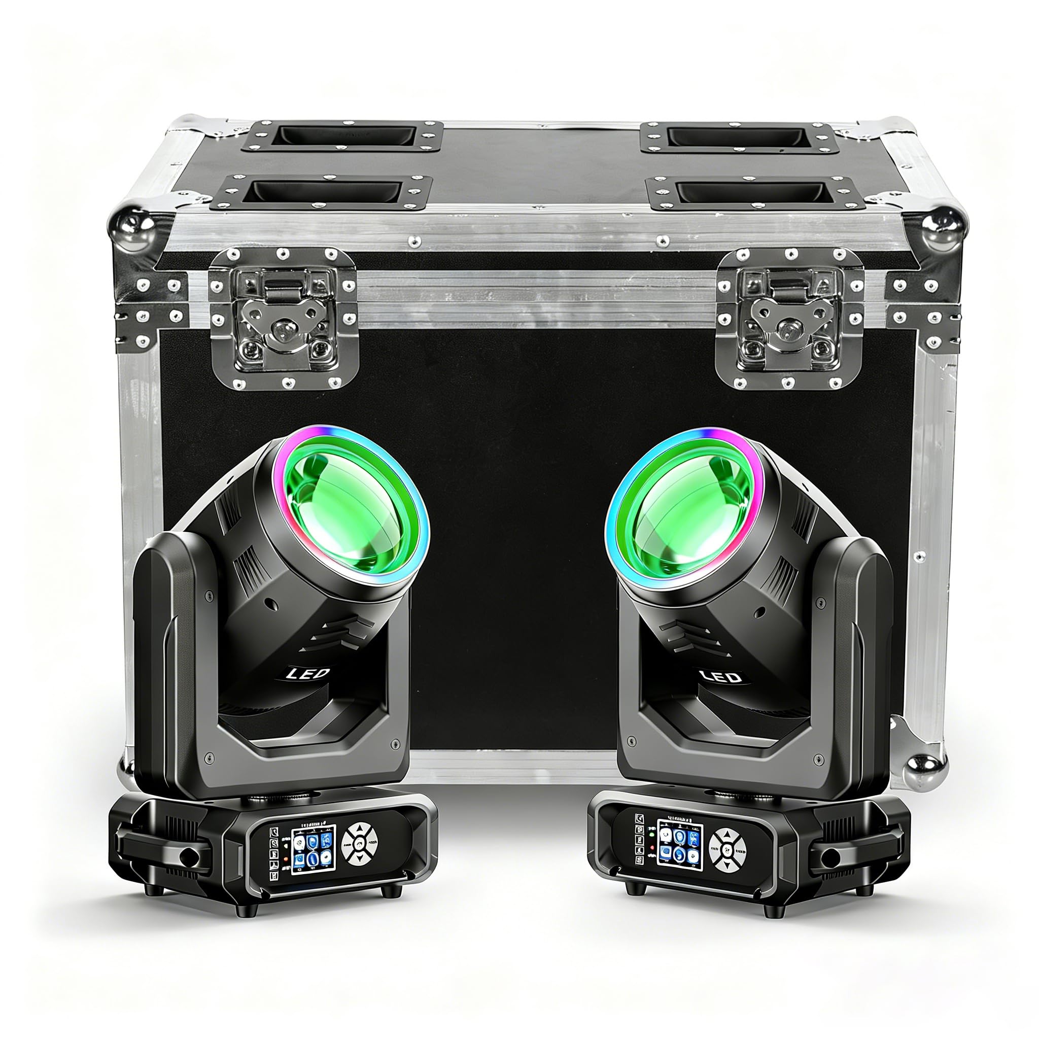 2 faretti LED a testa mobile da 200 W con flightcase, 11 colori, 14 gobos, Beam, luci per discoteca per palcoscenici, club, matrimoni, bar
