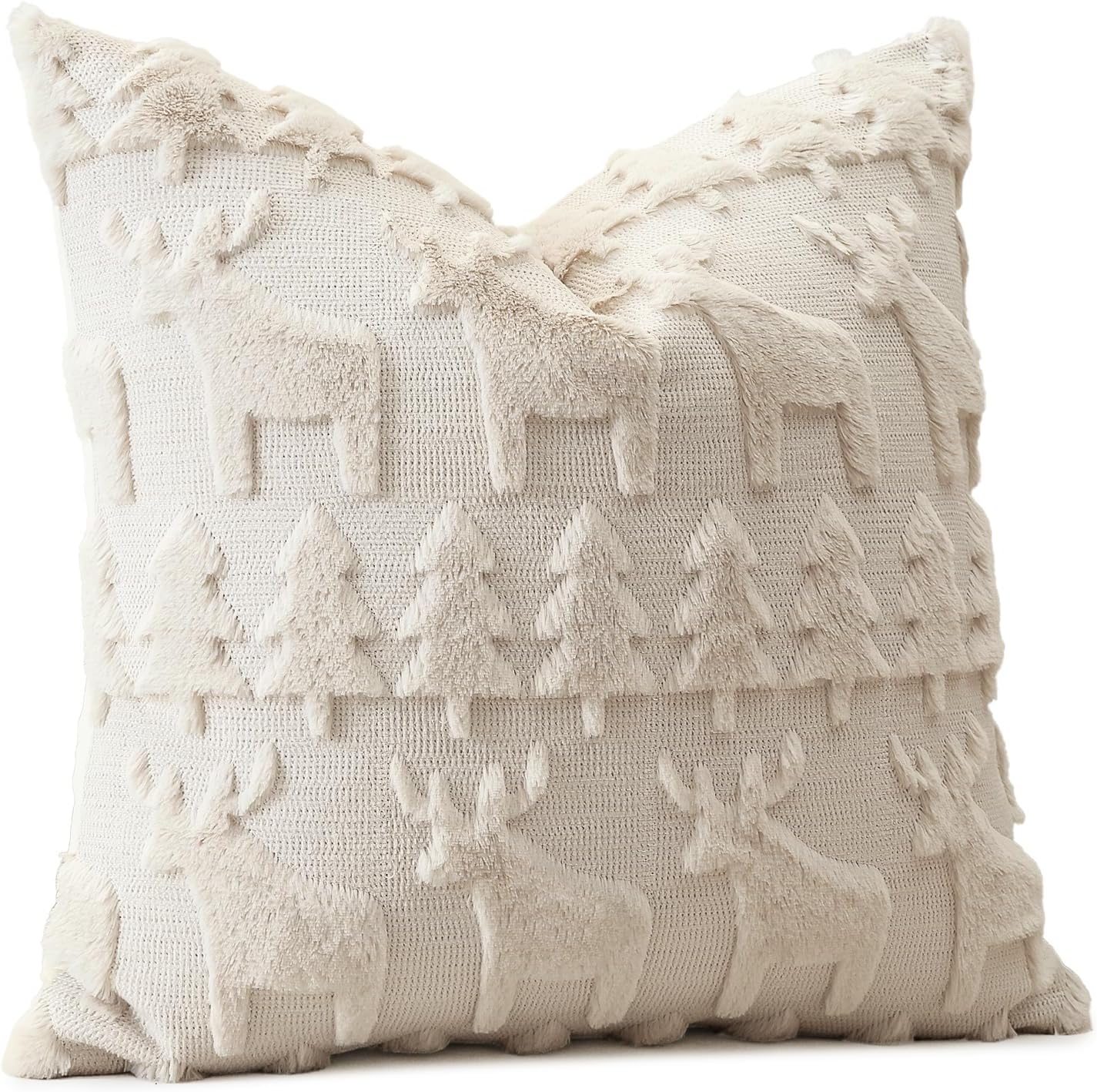 OTOSTAR Set of 1 Xmas Soft Plush Short Wool Velvet Decorative Throw Pillow Covers Square Luxury Style Cushion Case Pillow Shell for Sofa Bedroom Christmas Tree and Elk Cream Beige, 14x14 Inch - Image 9