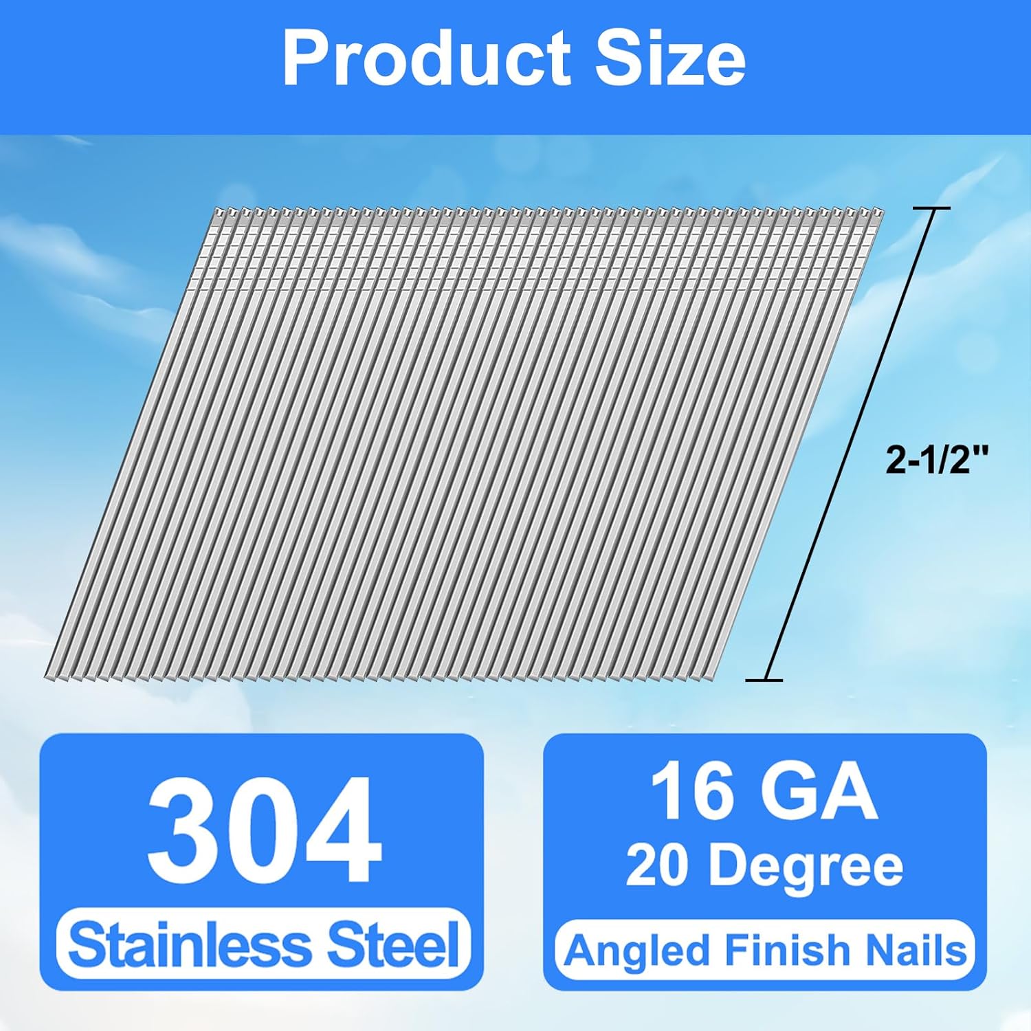 16 Gauge Angled Finish Nails 304 Stainless Steel, (1-1/4", 1-1/2", 2", 2-1/2"), 20-Degree,Assorted Size Project Pack for Pneumatic, Electric Finish Nailer or Nail Gun (2-1/2 inch)