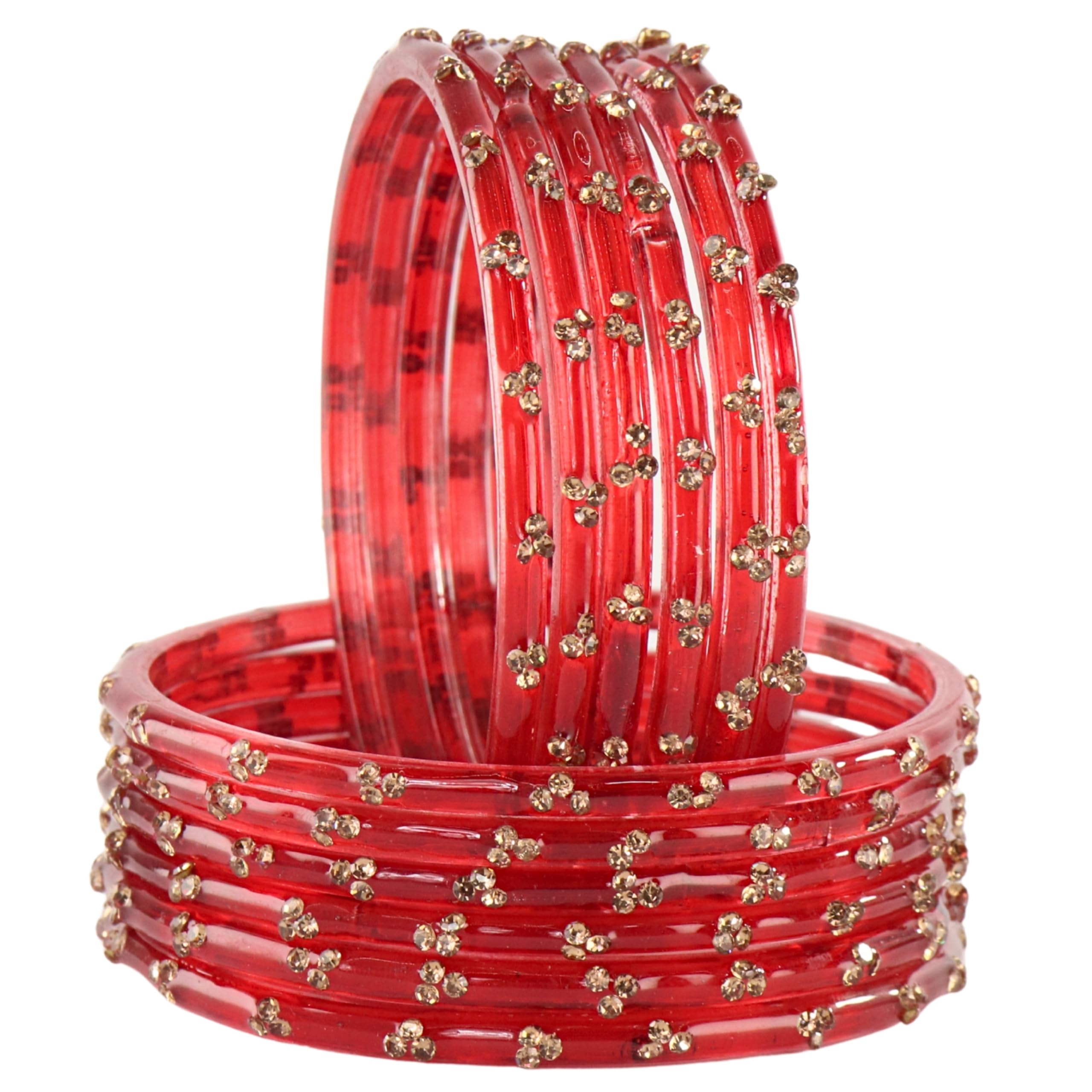 STYOLLO Elegant Red Glass Bangles | Golden Stone Studded Chudi For Women & Girls | Party - Set Of 12 (SYL_KSB10-Chandray