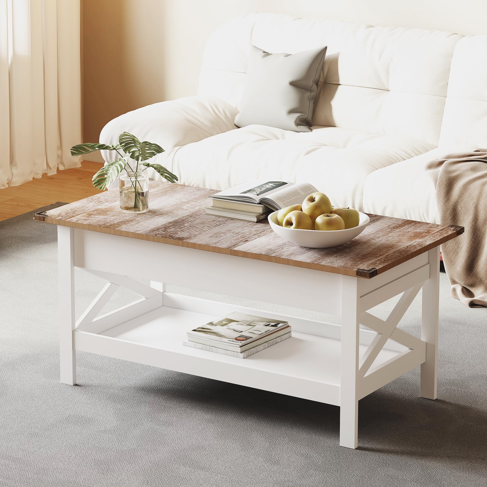 Mesa Elevable Salon,Mesa de Centro con Placa Elevable, Mesa Baja Salon de 39 Pulgadas con Compartimento Oculto, Mesa de Salón Tipo Push-Pull para Salón y Oficina (Blanco)