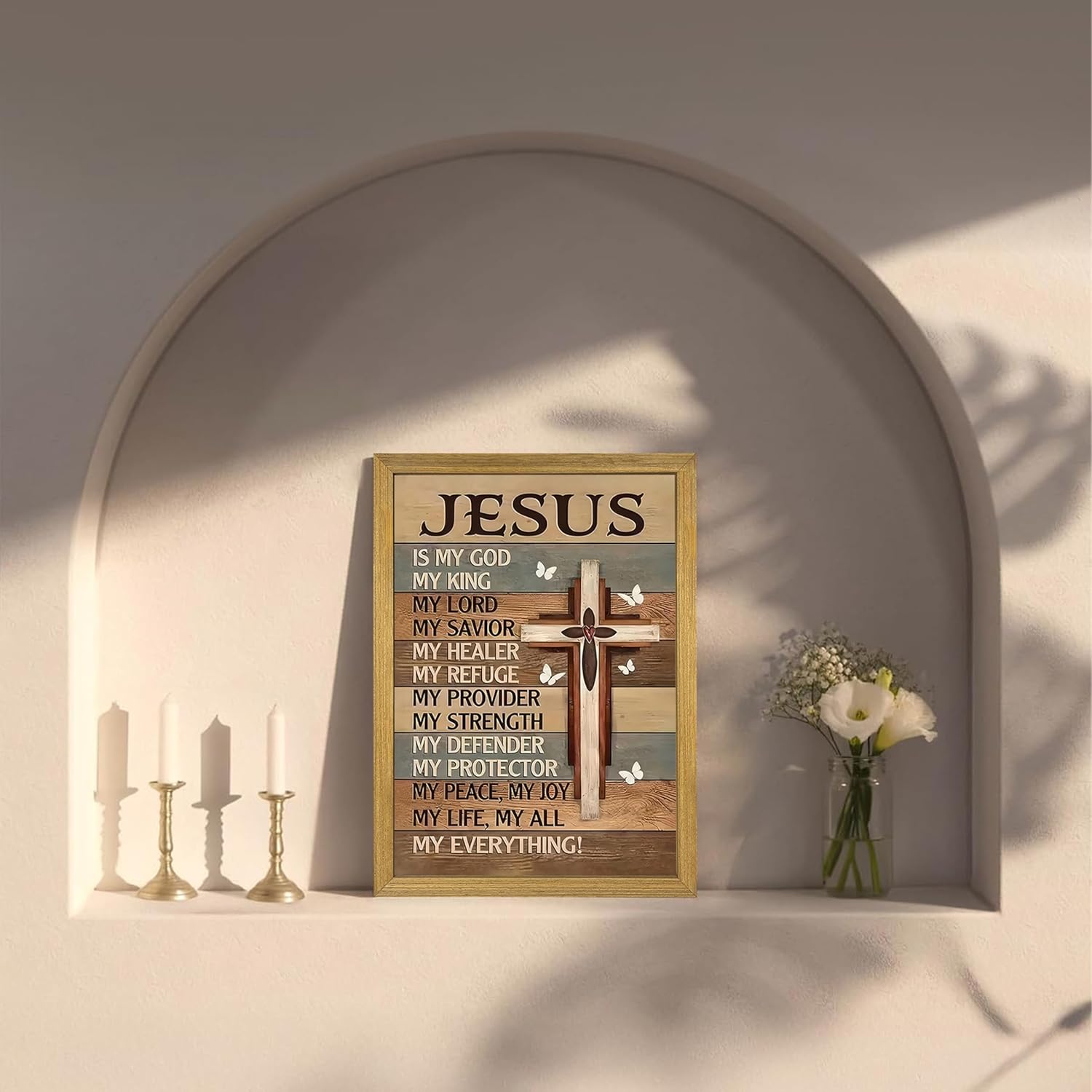 Framed My God Jesus Wall Art Canvas Prints, Christian Inspirational Quote Wall Decor, Vintage Cross White Butterflies Artwork, Religion Bible Verse Decor Art for Bedroom Prayer Room – 12x16in