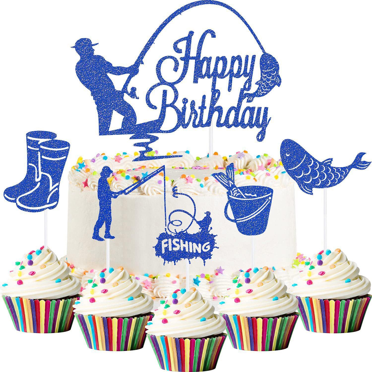 Silars Decoracion Tartas Cumpleaños Pescador, 6pzs Topper Tarta Cumpleaños Pescador Adorno de Tartas, Pescador Decoración Cumpleaños para Niños Hombre Fiesta de Cumpleaños Decoración de Tarta (S-Azul)